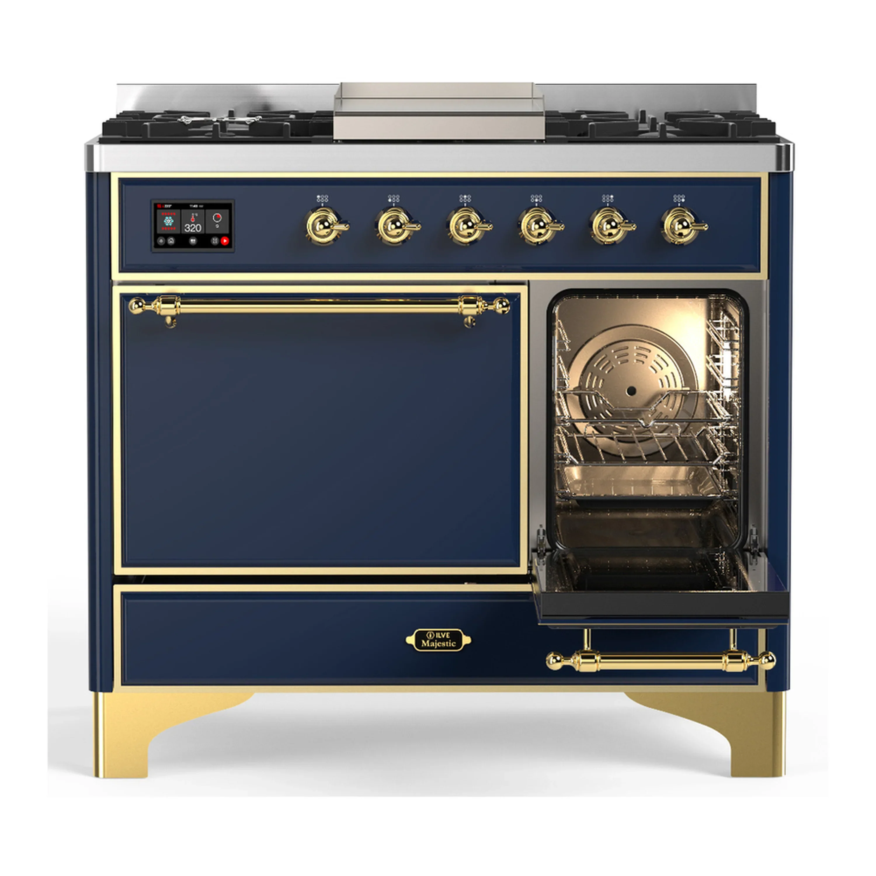 ILVE Majestic III 40-inch Dual Fuel Range with 6 Natural Gas Burner, Griddle and Solid Door Electric Oven in Blue Grey with Brass Trim (UMD40FQNR3MBG) - Image 4
