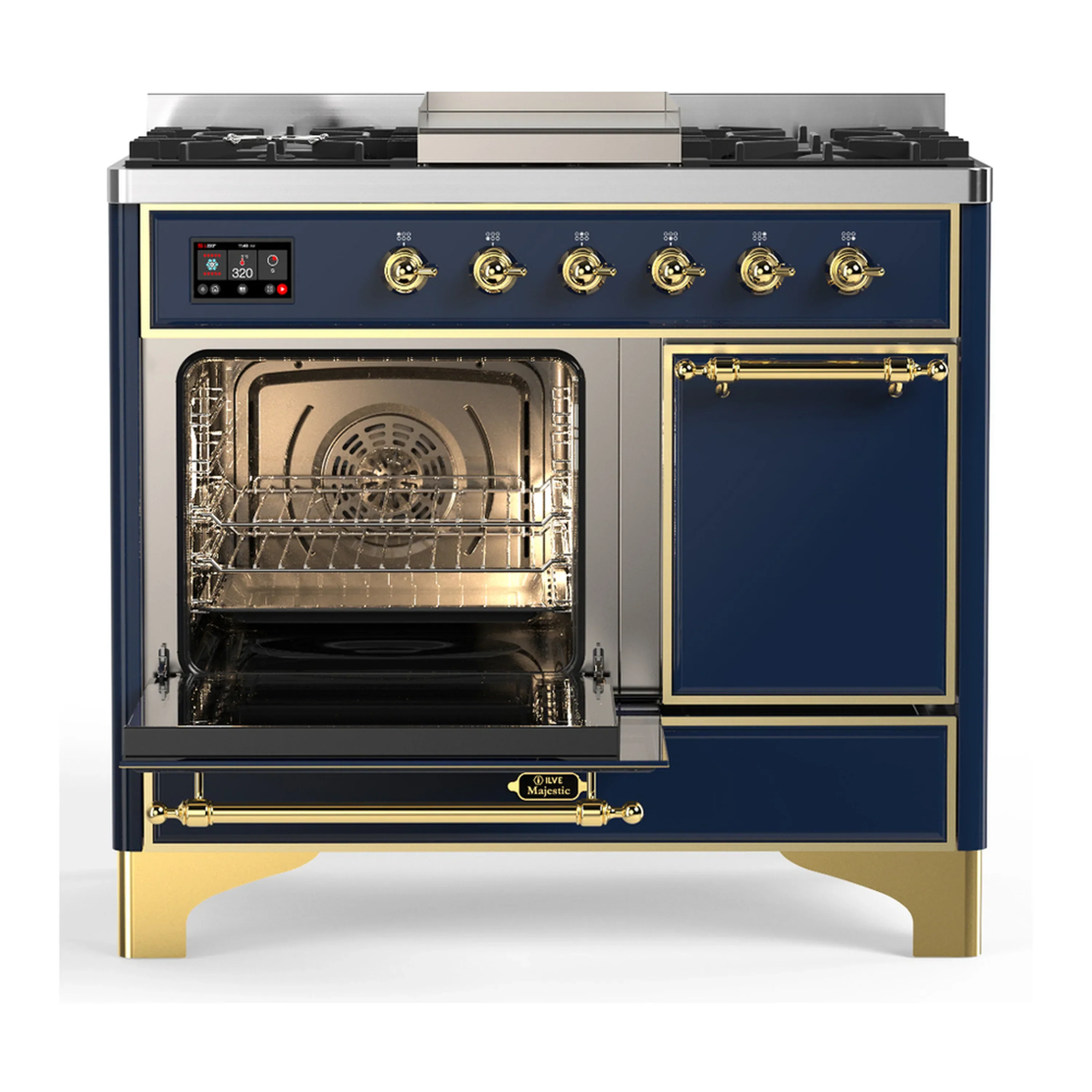 ILVE Majestic III 40-inch Dual Fuel Range with 6 Natural Gas Burner, Griddle and Solid Door Electric Oven in Blue Grey with Brass Trim (UMD40FQNR3MBG) - Image 5