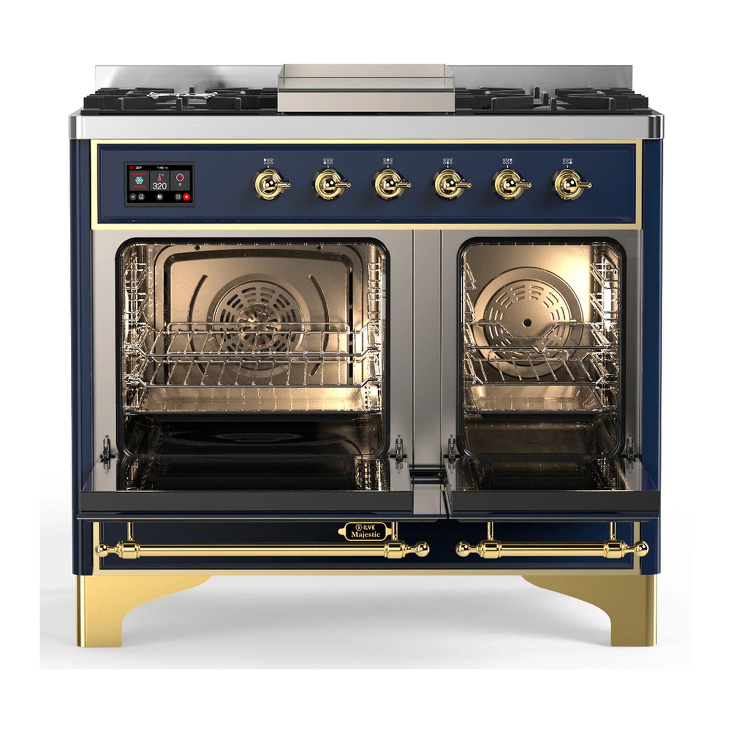 ILVE Majestic III 40-inch Dual Fuel Range with 6 Natural Gas Burner, Griddle and Solid Door Electric Oven in Blue Grey with Brass Trim (UMD40FQNR3MBG) - Image 6