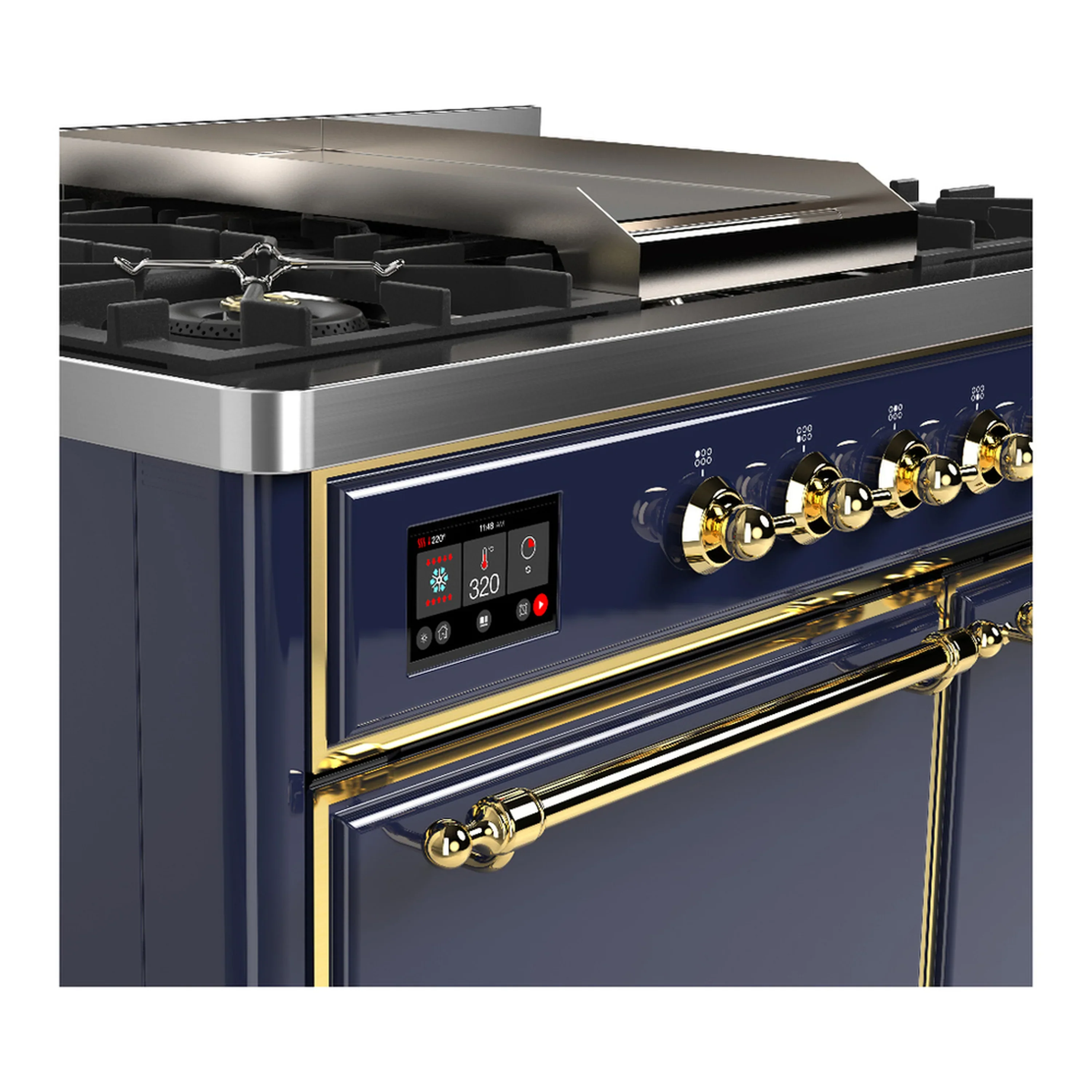 ILVE Majestic III 40-inch Dual Fuel Range with 6 Natural Gas Burner, Griddle and Solid Door Electric Oven in Blue Grey with Brass Trim (UMD40FQNR3MBG) - Image 7