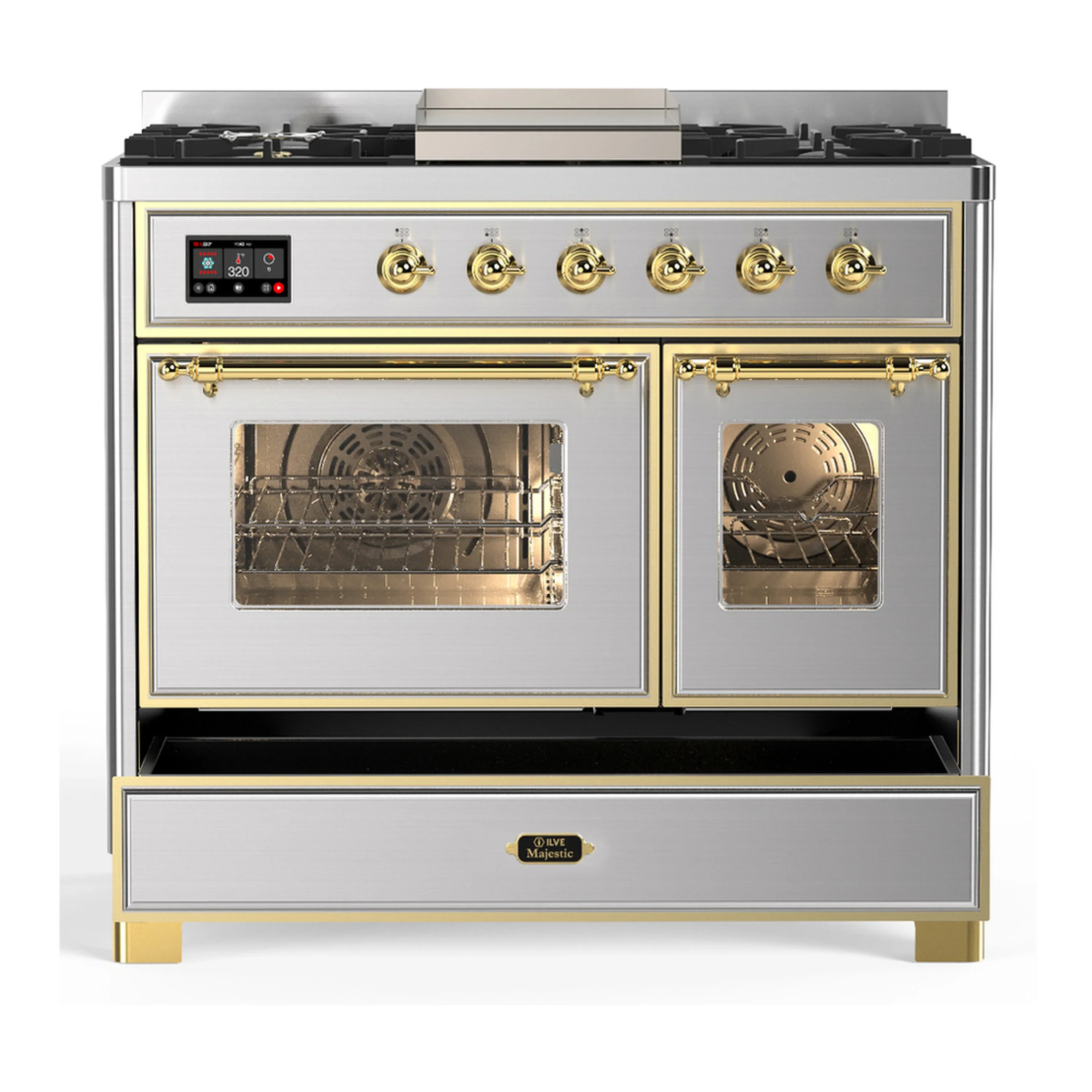 ILVE Majestic III 40-inch Dual Fuel Range with 6 Natural Gas Burner, Griddle and Triple Glass Door Electric Oven in Stainless Steel with Brass Trim (UMD40FNR3SSG) - Image 3