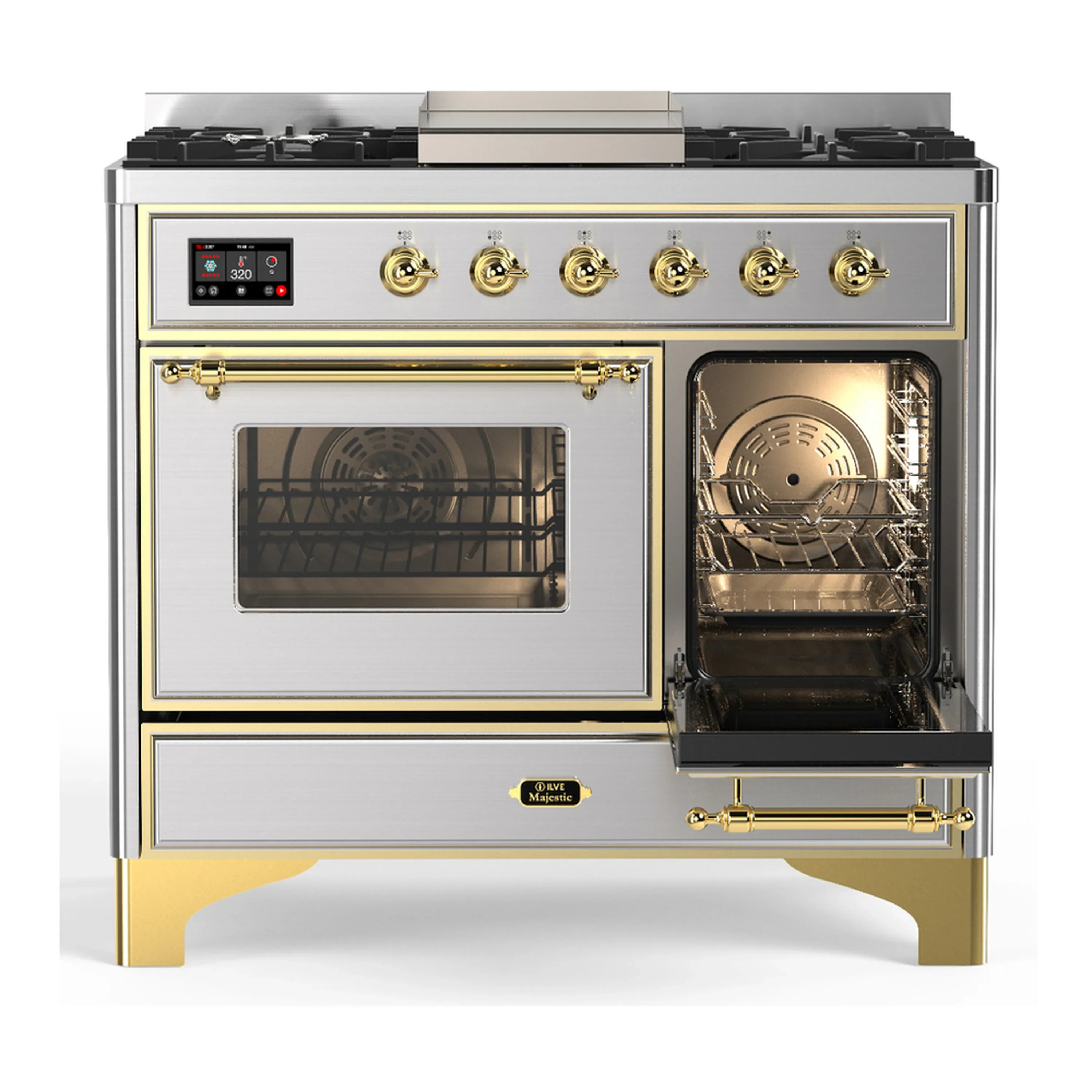 ILVE Majestic III 40-inch Dual Fuel Range with 6 Natural Gas Burner, Griddle and Triple Glass Door Electric Oven in Stainless Steel with Brass Trim (UMD40FNR3SSG) - Image 4