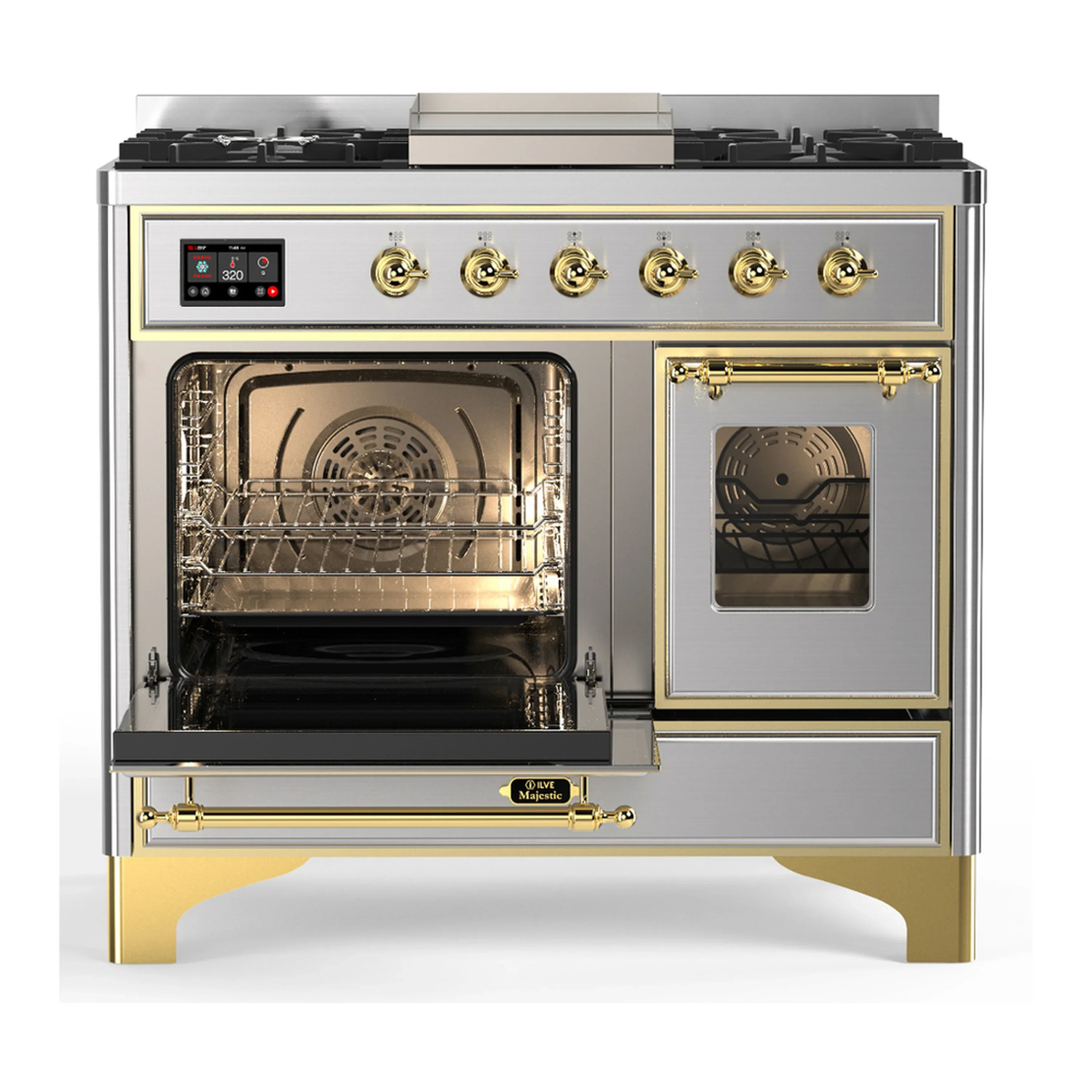 ILVE Majestic III 40-inch Dual Fuel Range with 6 Natural Gas Burner, Griddle and Triple Glass Door Electric Oven in Stainless Steel with Brass Trim (UMD40FNR3SSG) - Image 5
