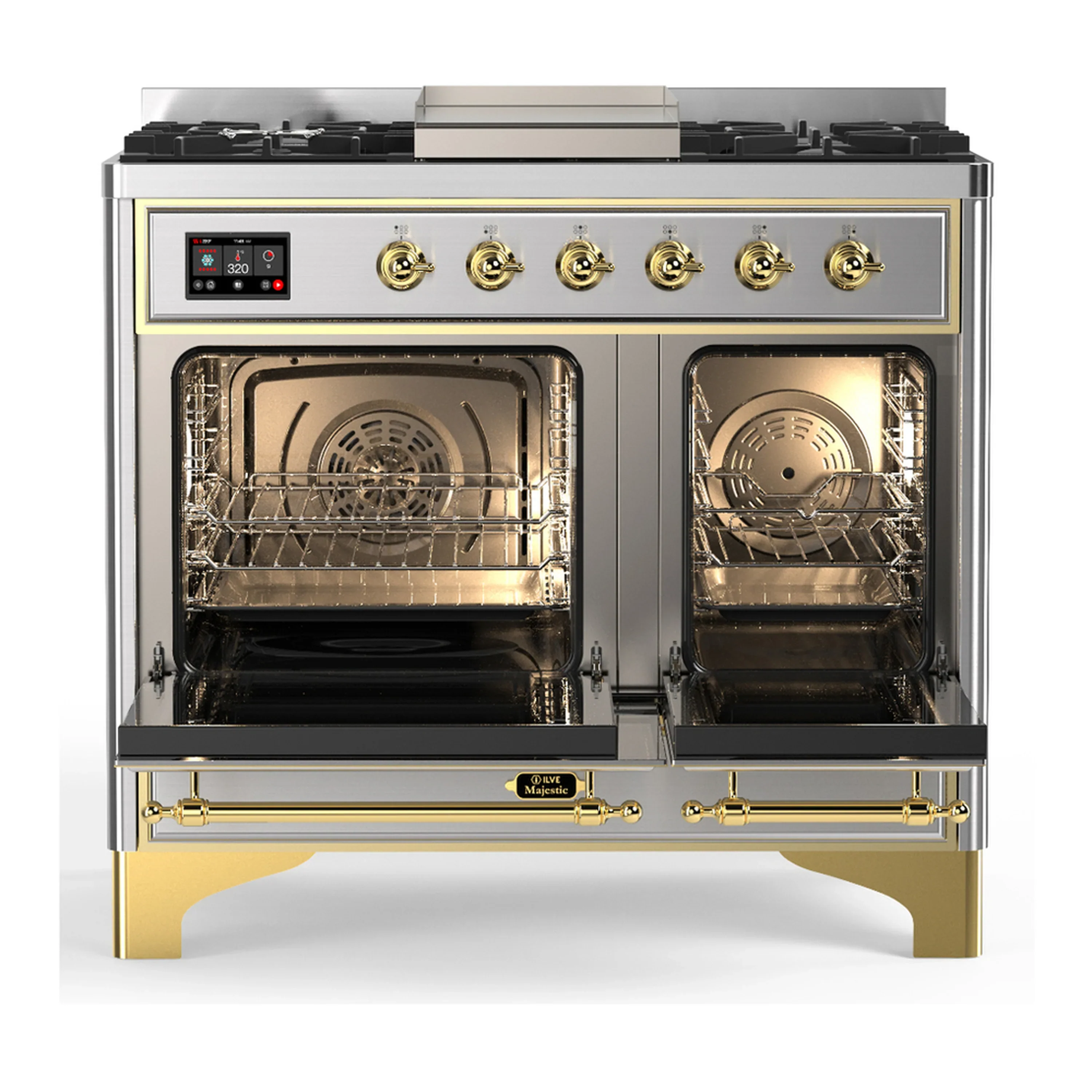 ILVE Majestic III 40-inch Dual Fuel Range with 6 Natural Gas Burner, Griddle and Triple Glass Door Electric Oven in Stainless Steel with Brass Trim (UMD40FNR3SSG) - Image 6