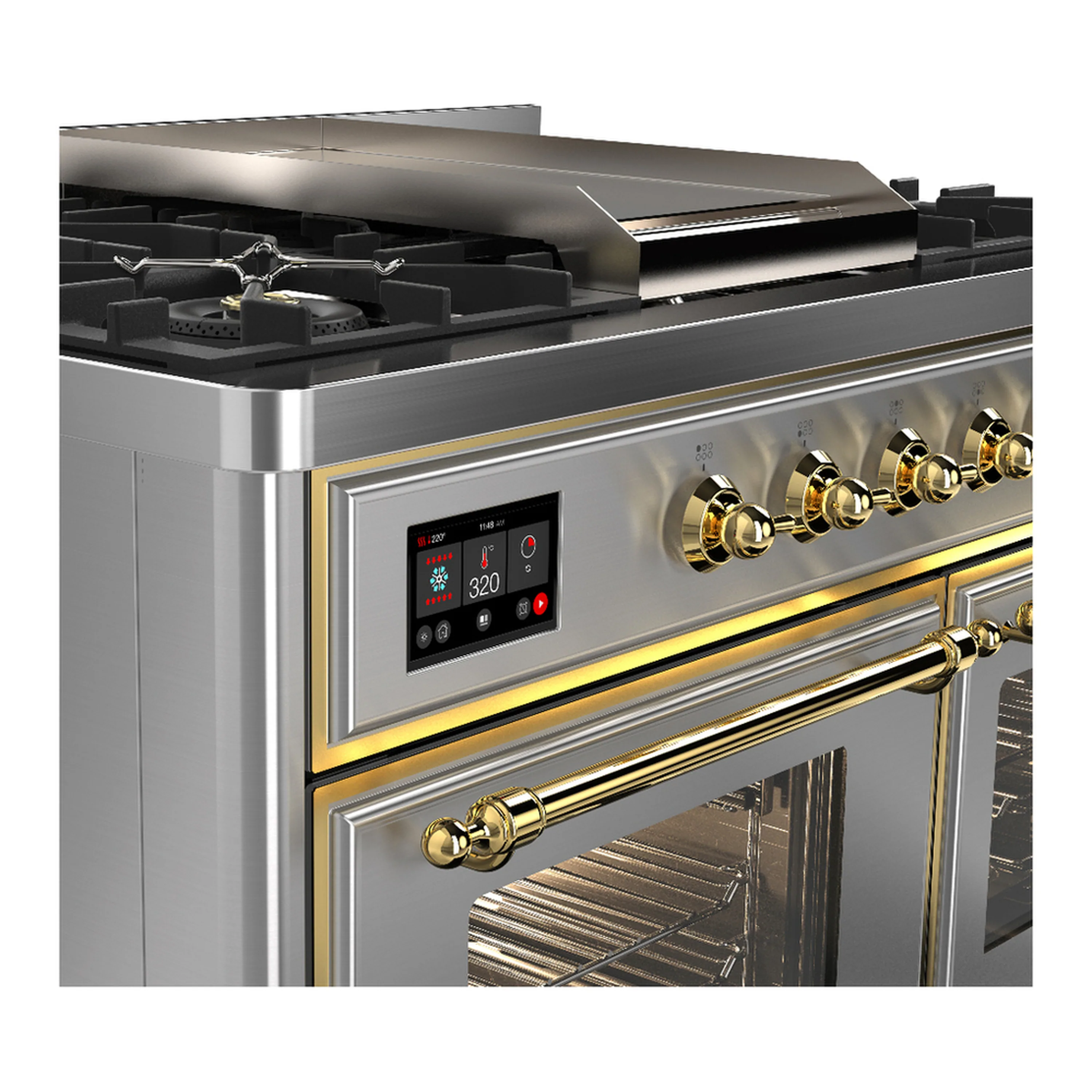 ILVE Majestic III 40-inch Dual Fuel Range with 6 Natural Gas Burner, Griddle and Triple Glass Door Electric Oven in Stainless Steel with Brass Trim (UMD40FNR3SSG) - Image 7