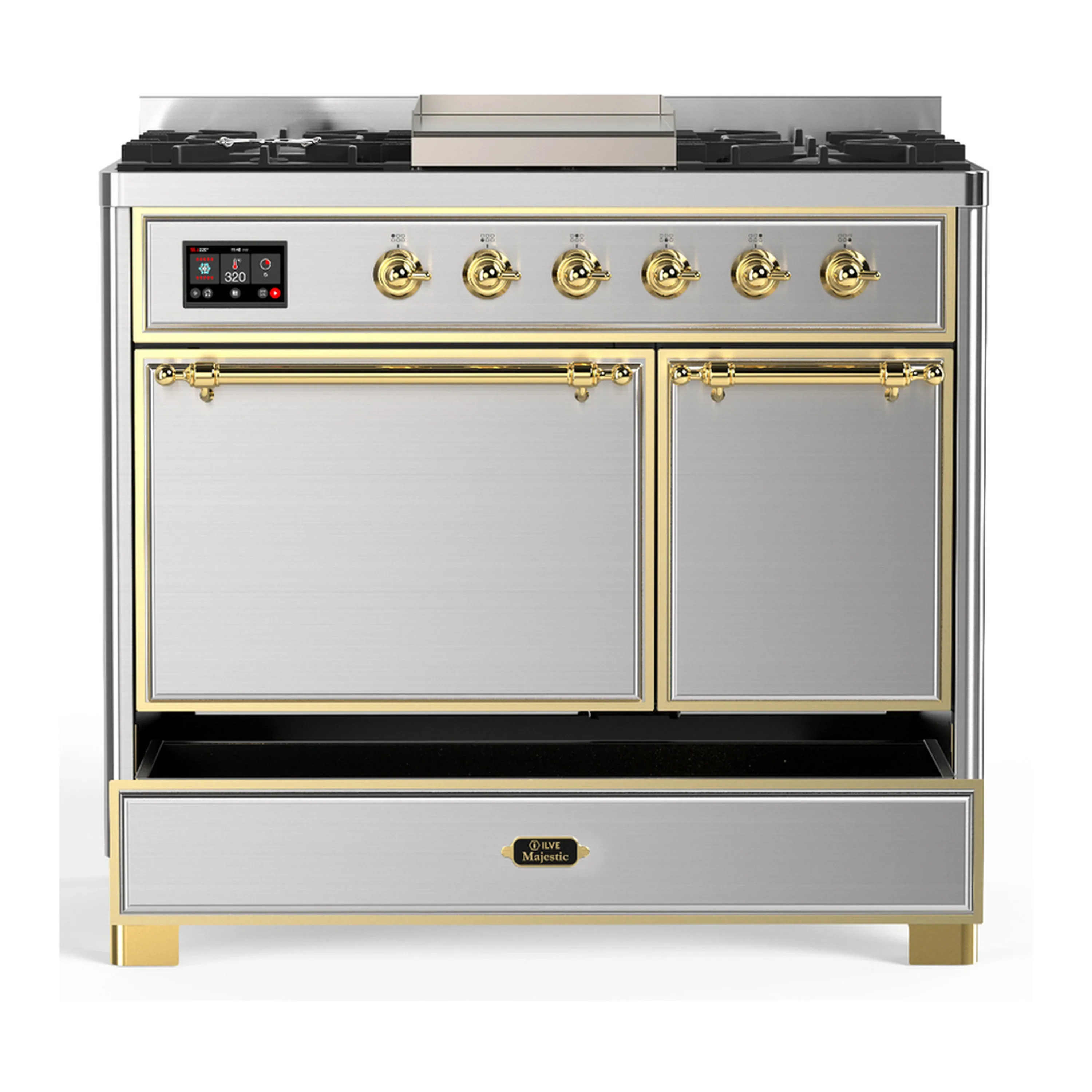 ILVE Majestic III 40-inch Dual Fuel Range with 6 Natural Gas Burner, Griddle and Solid Door Electric Oven in Stainless Steel with Brass Trim (UMD40FQNR3SSG) - Image 3