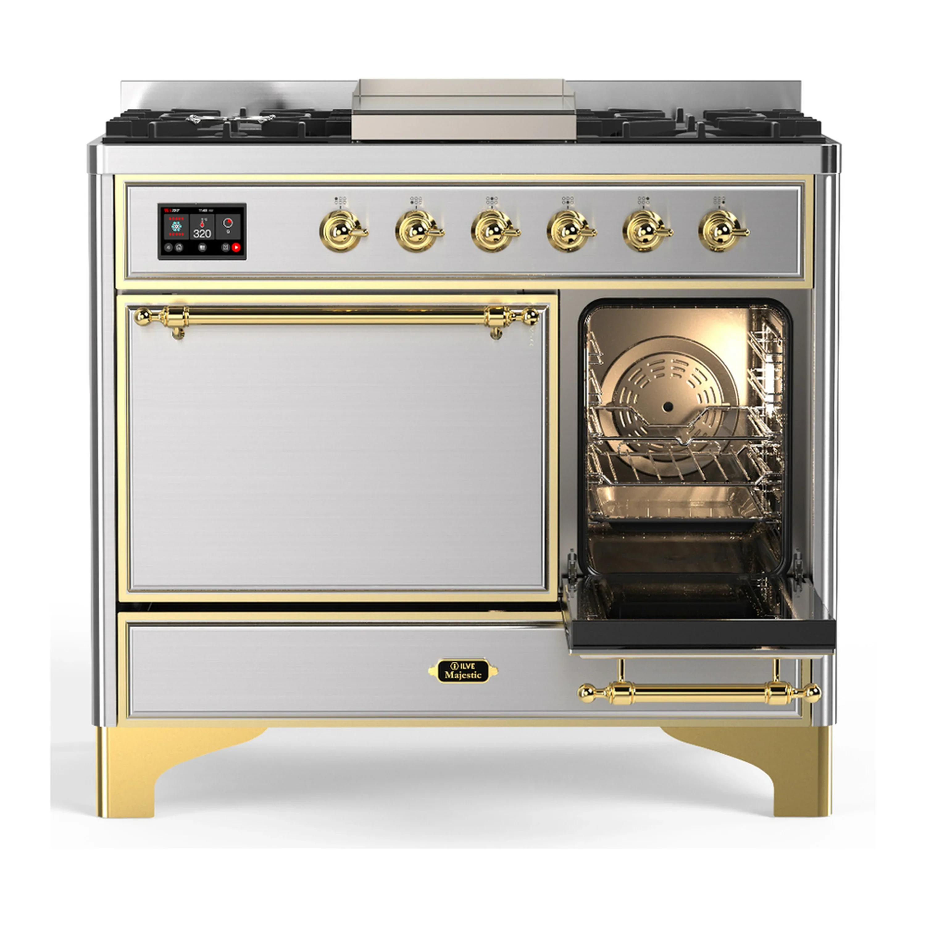 ILVE Majestic III 40-inch Dual Fuel Range with 6 Natural Gas Burner, Griddle and Solid Door Electric Oven in Stainless Steel with Brass Trim (UMD40FQNR3SSG) - Image 4