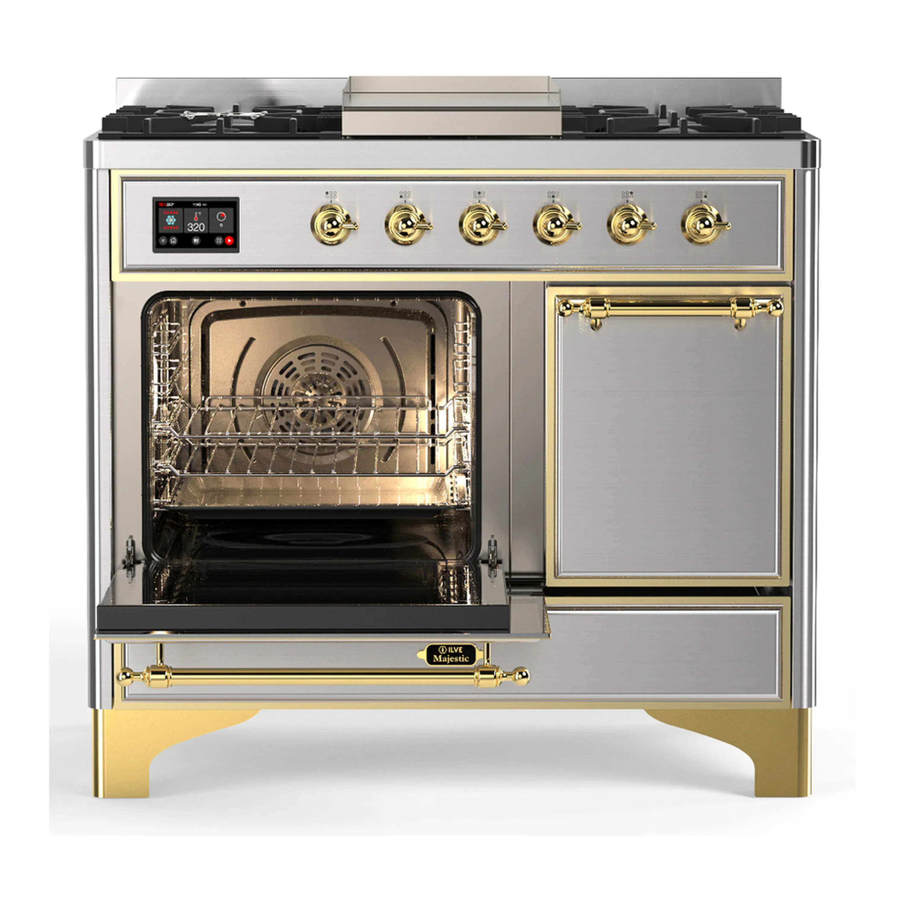 ILVE Majestic III 40-inch Dual Fuel Range with 6 Natural Gas Burner, Griddle and Solid Door Electric Oven in Stainless Steel with Brass Trim (UMD40FQNR3SSG) - Image 5