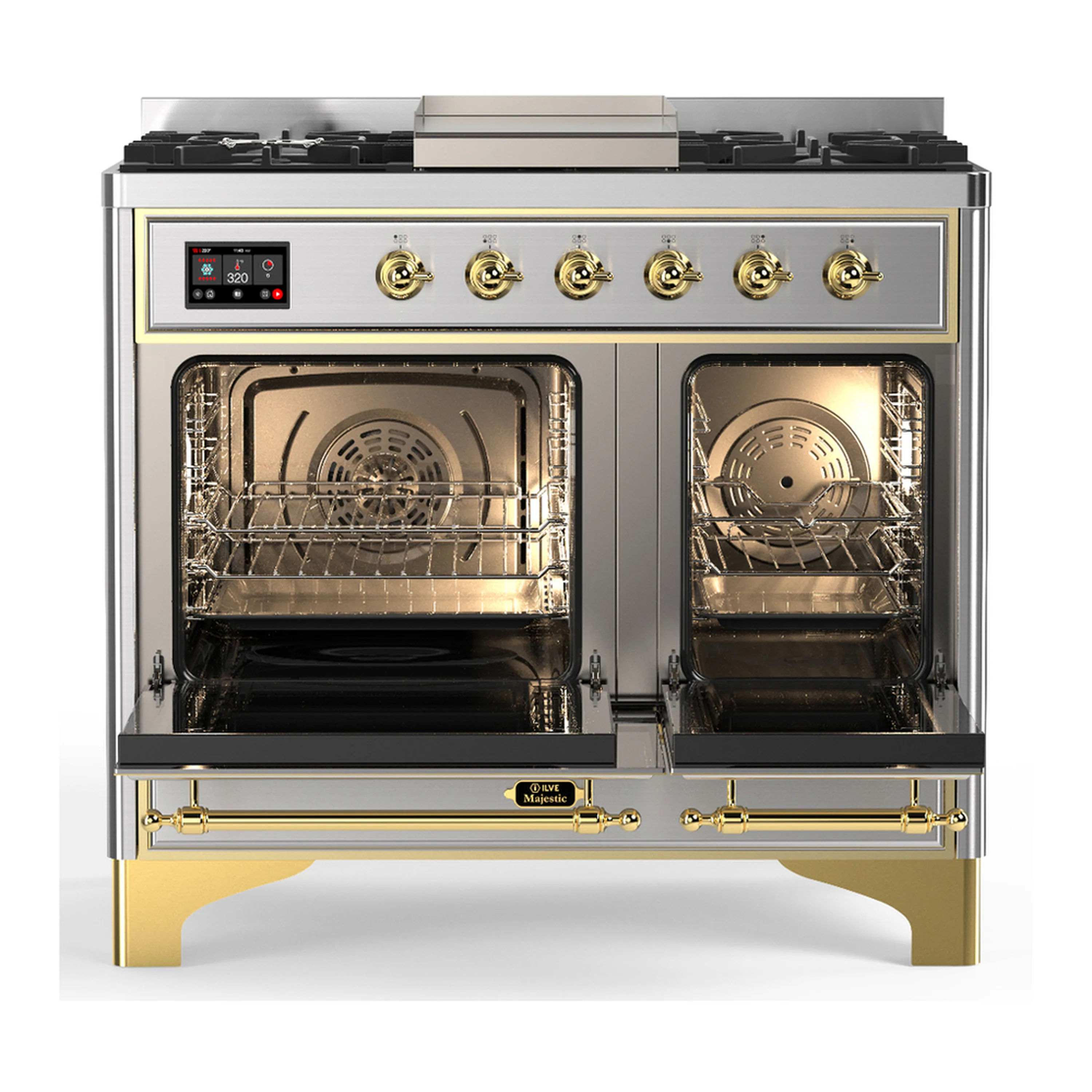 ILVE Majestic III 40-inch Dual Fuel Range with 6 Natural Gas Burner, Griddle and Solid Door Electric Oven in Stainless Steel with Brass Trim (UMD40FQNR3SSG) - Image 6
