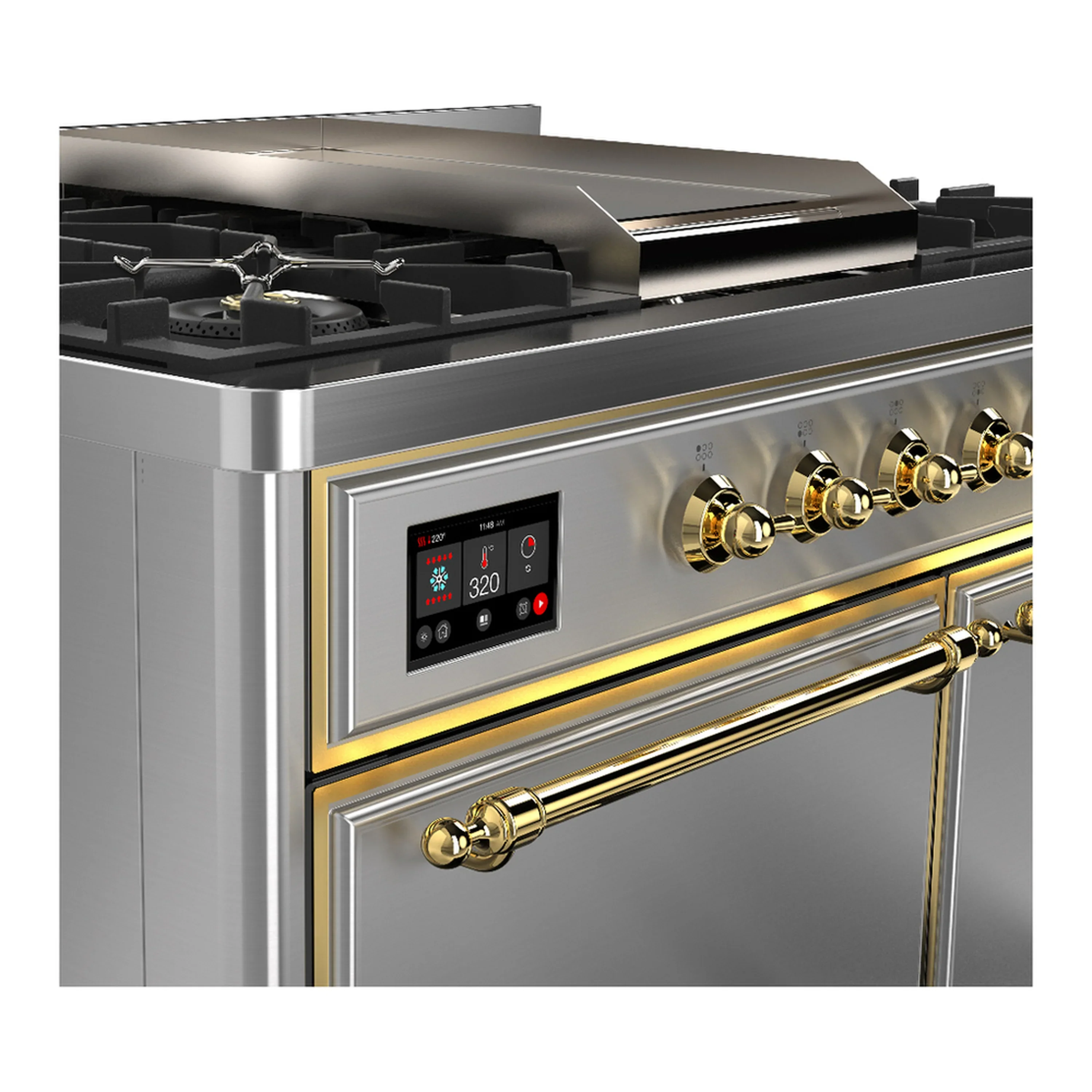 ILVE Majestic III 40-inch Dual Fuel Range with 6 Natural Gas Burner, Griddle and Solid Door Electric Oven in Stainless Steel with Brass Trim (UMD40FQNR3SSG) - Image 7