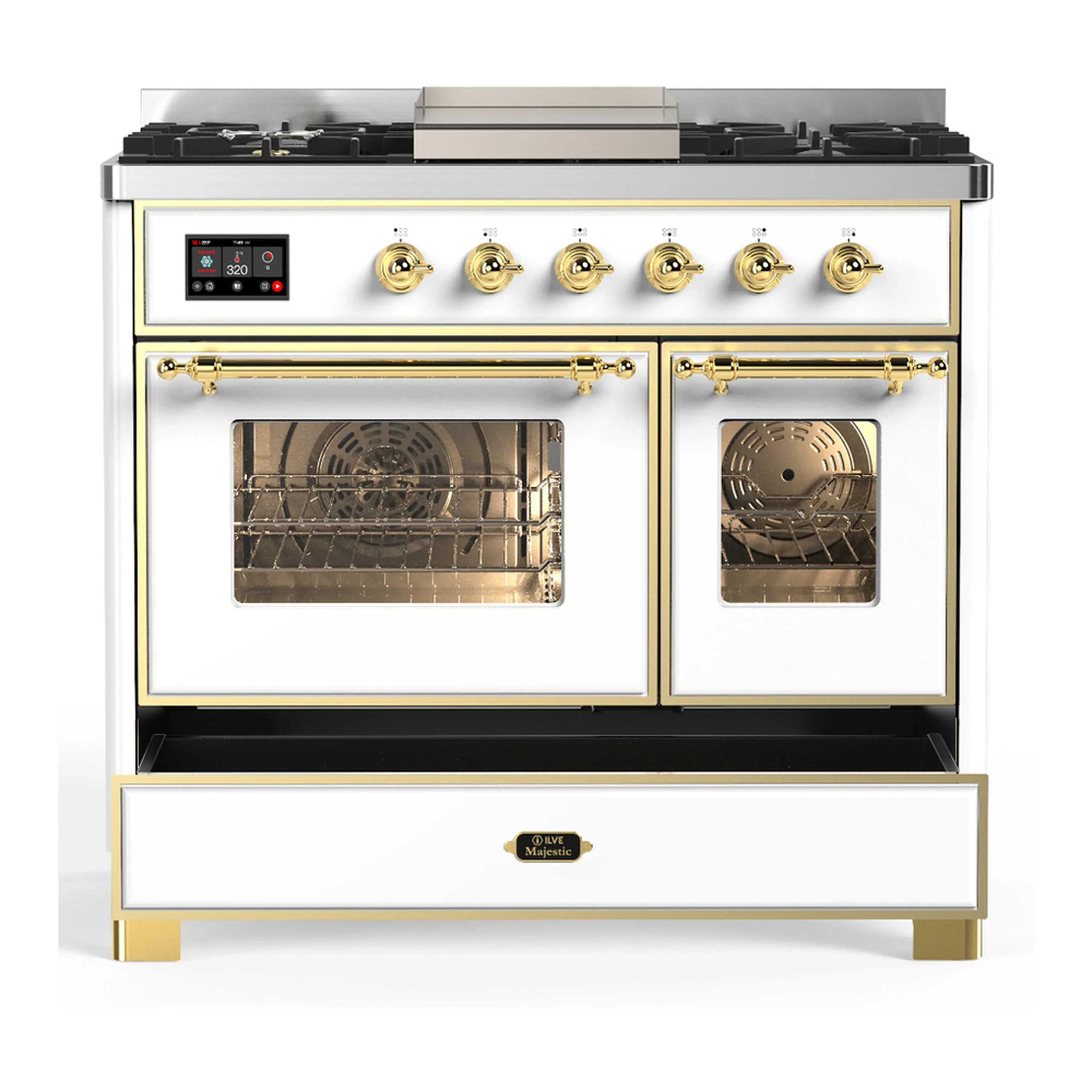 ILVE Majestic III 40-inch Dual Fuel Range with 6 Natural Gas Burner, Griddle and Triple Glass Door Electric Oven in White with Brass Trim (UMD40FNR3WHG) - Image 3