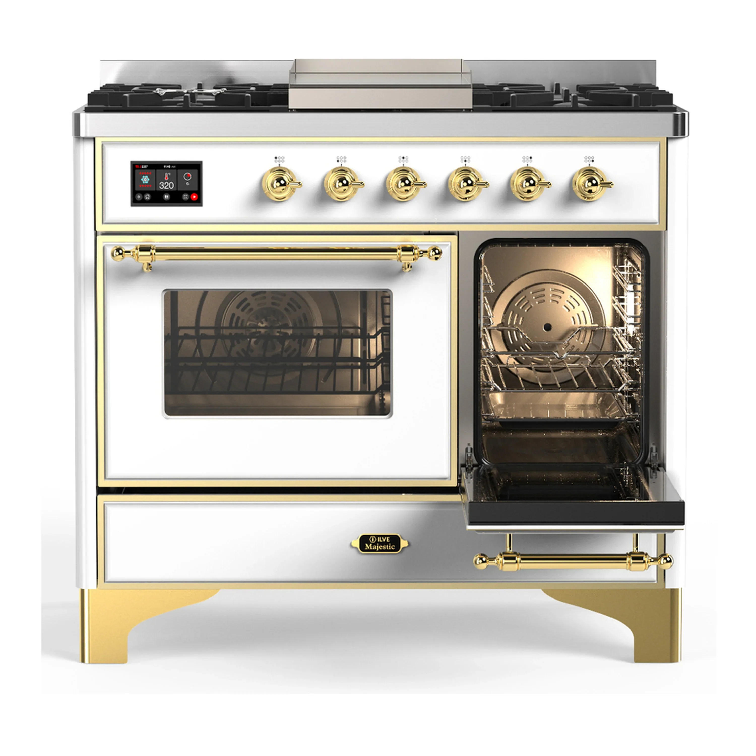 ILVE Majestic III 40-inch Dual Fuel Range with 6 Natural Gas Burner, Griddle and Triple Glass Door Electric Oven in White with Brass Trim (UMD40FNR3WHG) - Image 4