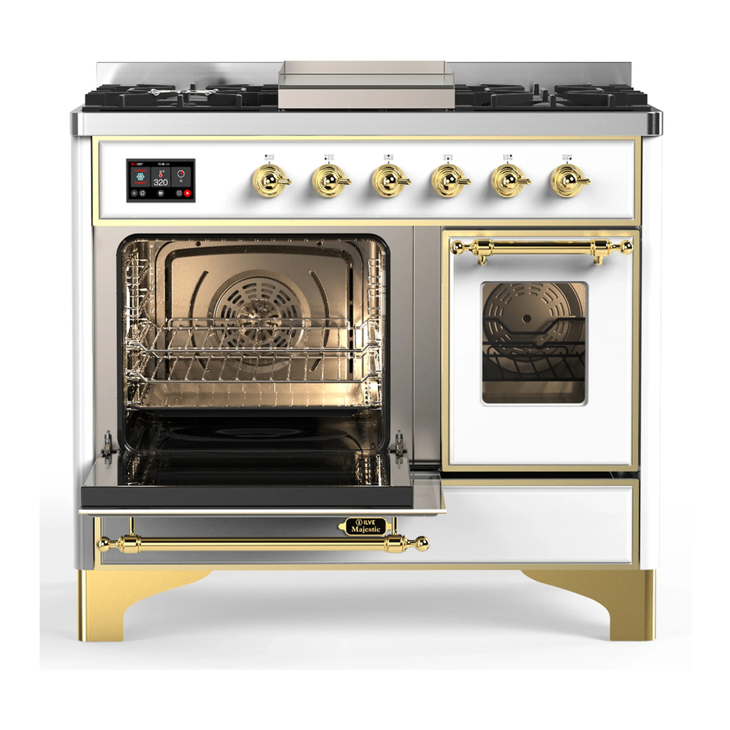ILVE Majestic III 40-inch Dual Fuel Range with 6 Natural Gas Burner, Griddle and Triple Glass Door Electric Oven in White with Brass Trim (UMD40FNR3WHG) - Image 5