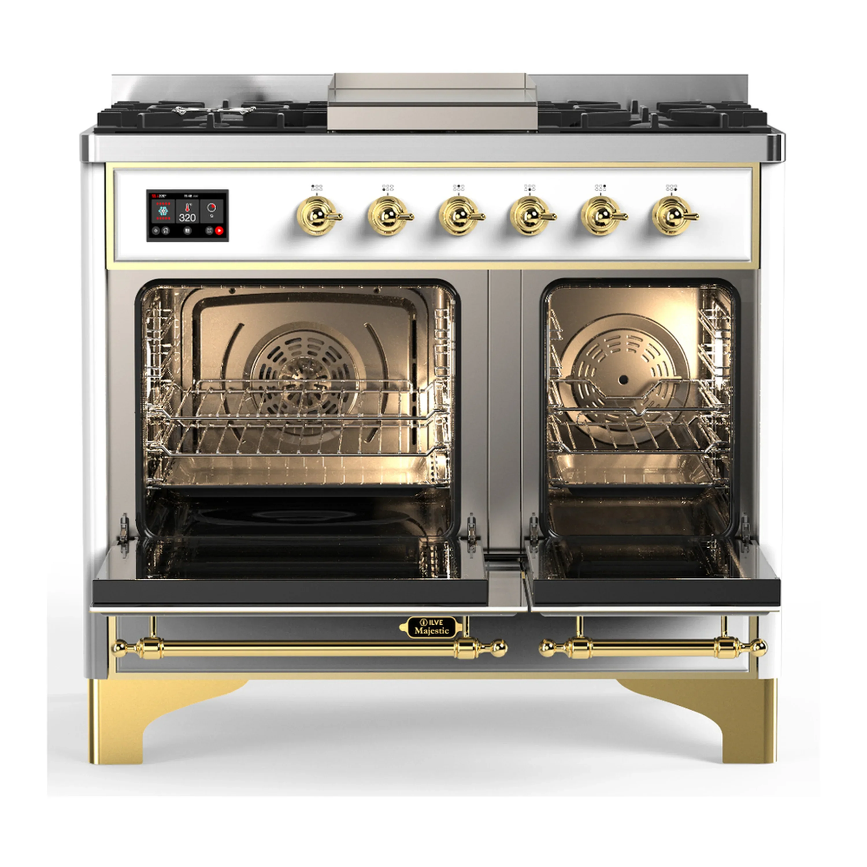 ILVE Majestic III 40-inch Dual Fuel Range with 6 Natural Gas Burner, Griddle and Triple Glass Door Electric Oven in White with Brass Trim (UMD40FNR3WHG) - Image 6