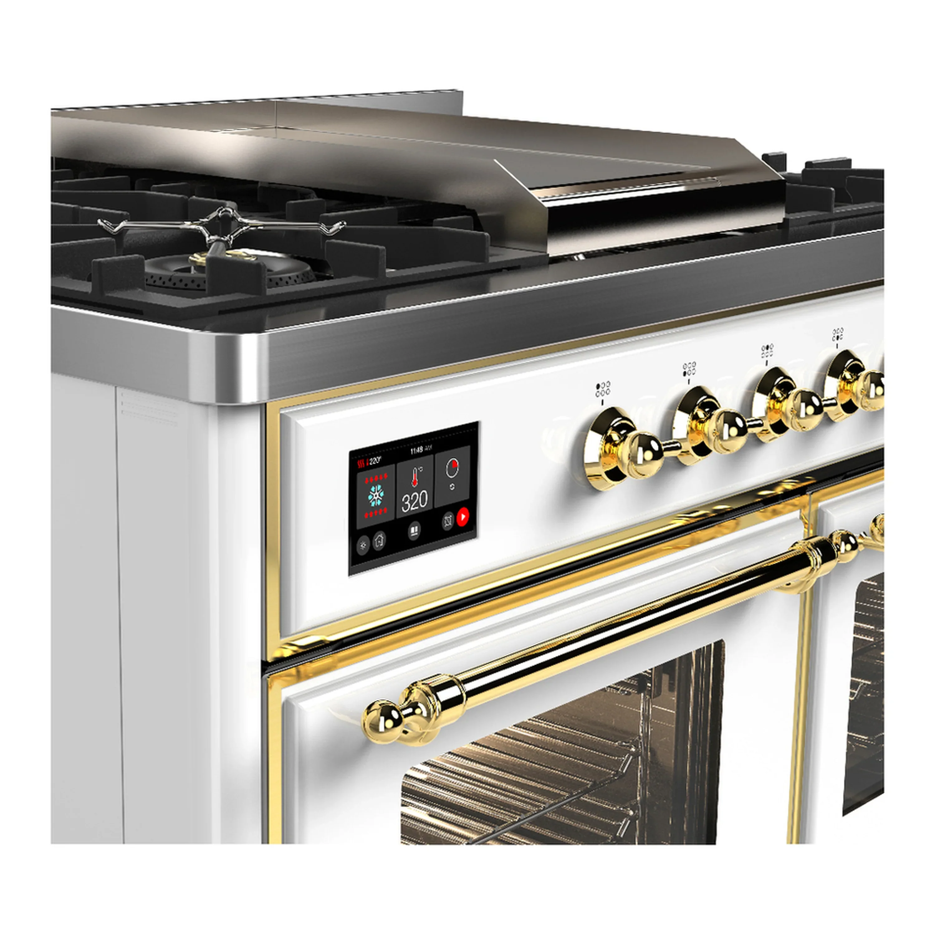 ILVE Majestic III 40-inch Dual Fuel Range with 6 Natural Gas Burner, Griddle and Triple Glass Door Electric Oven in White with Brass Trim (UMD40FNR3WHG) - Image 7