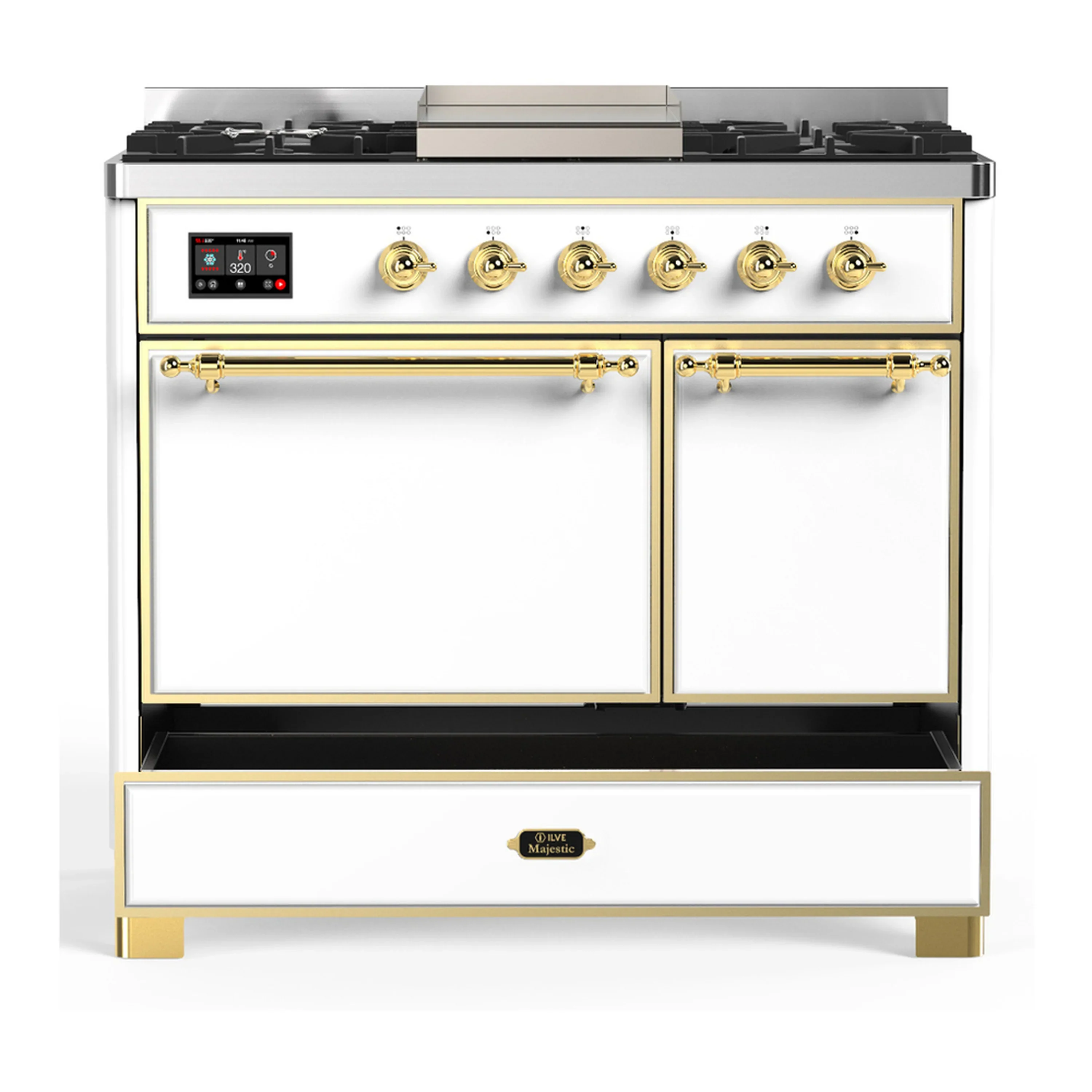 ILVE Majestic III 40-inch Dual Fuel Range with 6 Natural Gas Burner, Griddle and Solid Door Electric Oven in White with Brass Trim (UMD40FQNR3WHG) - Image 3
