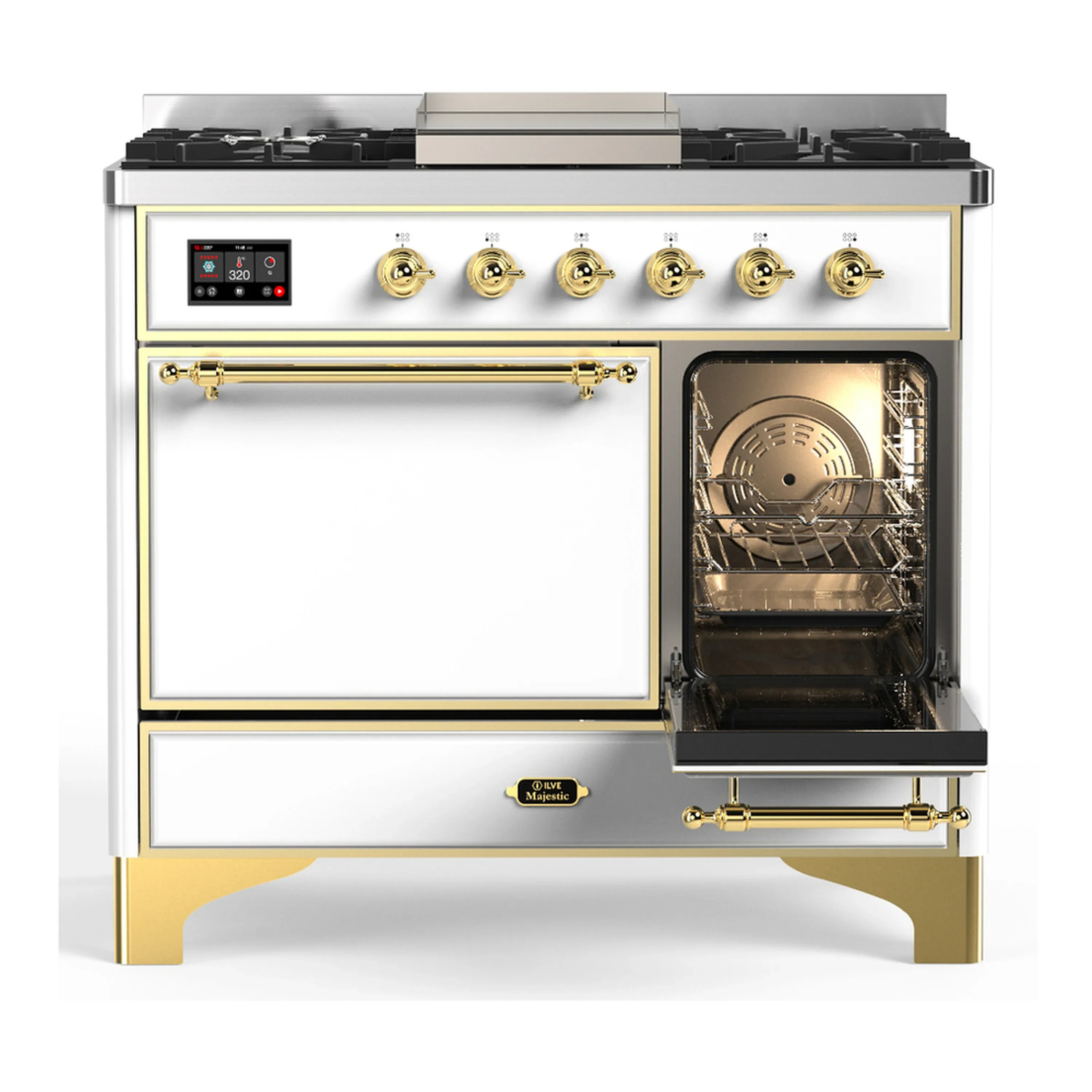 ILVE Majestic III 40-inch Dual Fuel Range with 6 Natural Gas Burner, Griddle and Solid Door Electric Oven in White with Brass Trim (UMD40FQNR3WHG) - Image 4