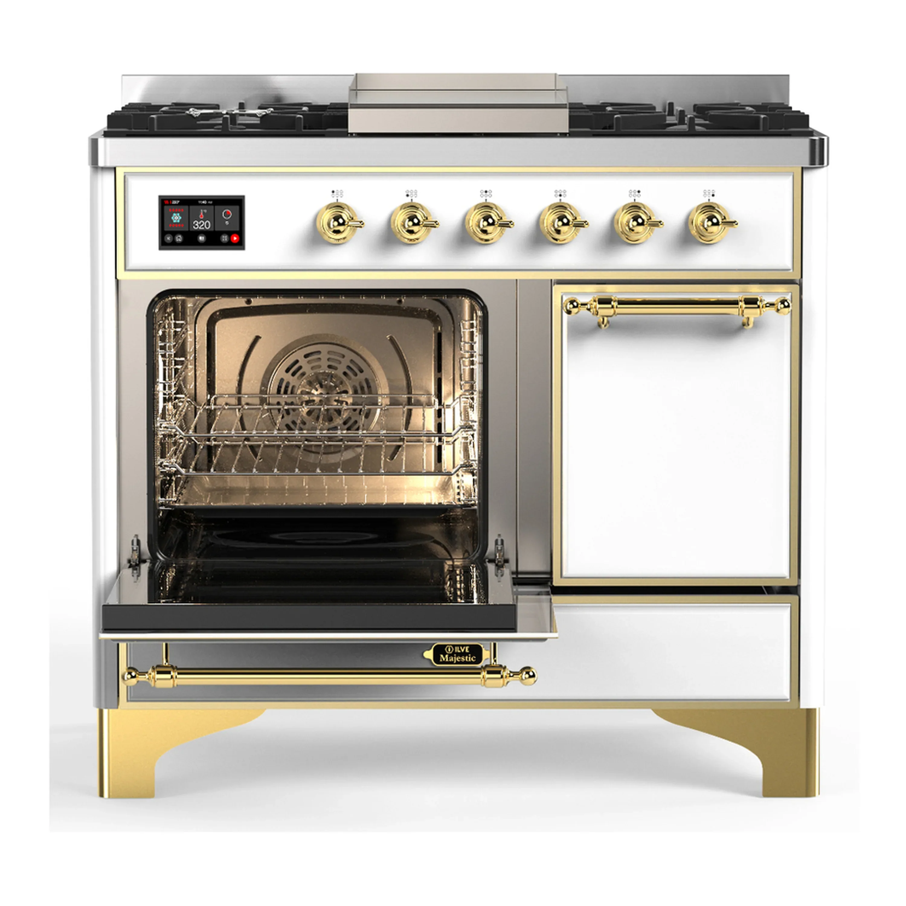 ILVE Majestic III 40-inch Dual Fuel Range with 6 Natural Gas Burner, Griddle and Solid Door Electric Oven in White with Brass Trim (UMD40FQNR3WHG) - Image 5