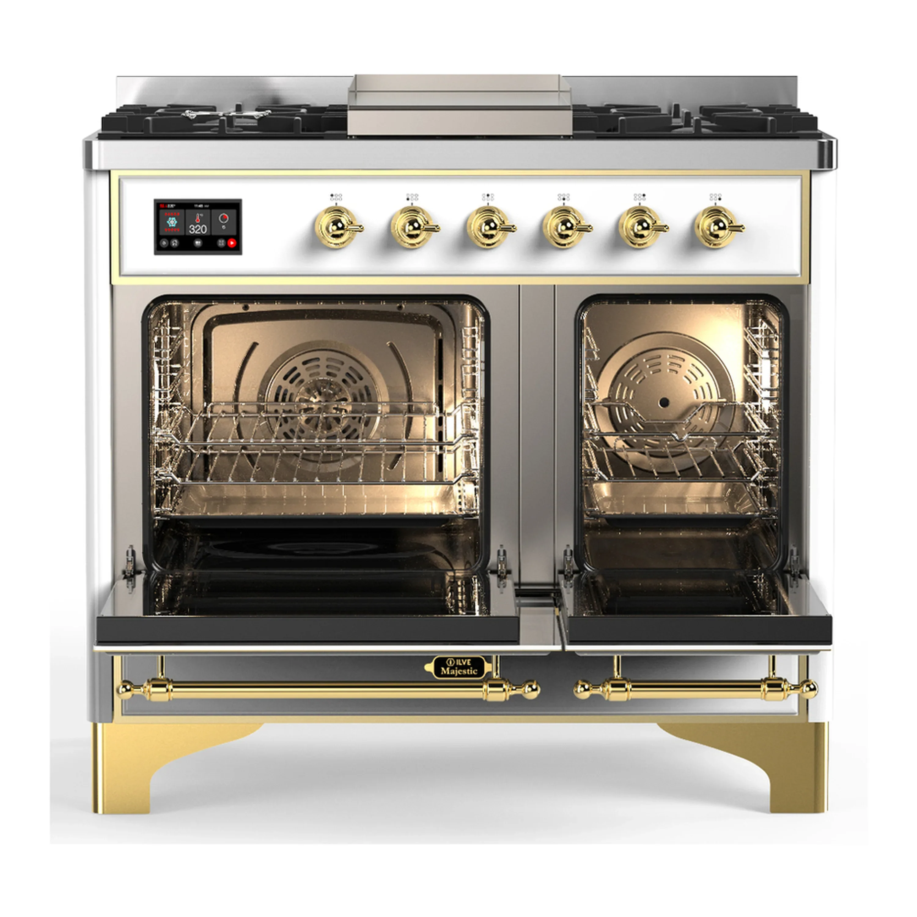 ILVE Majestic III 40-inch Dual Fuel Range with 6 Natural Gas Burner, Griddle and Solid Door Electric Oven in White with Brass Trim (UMD40FQNR3WHG) - Image 6