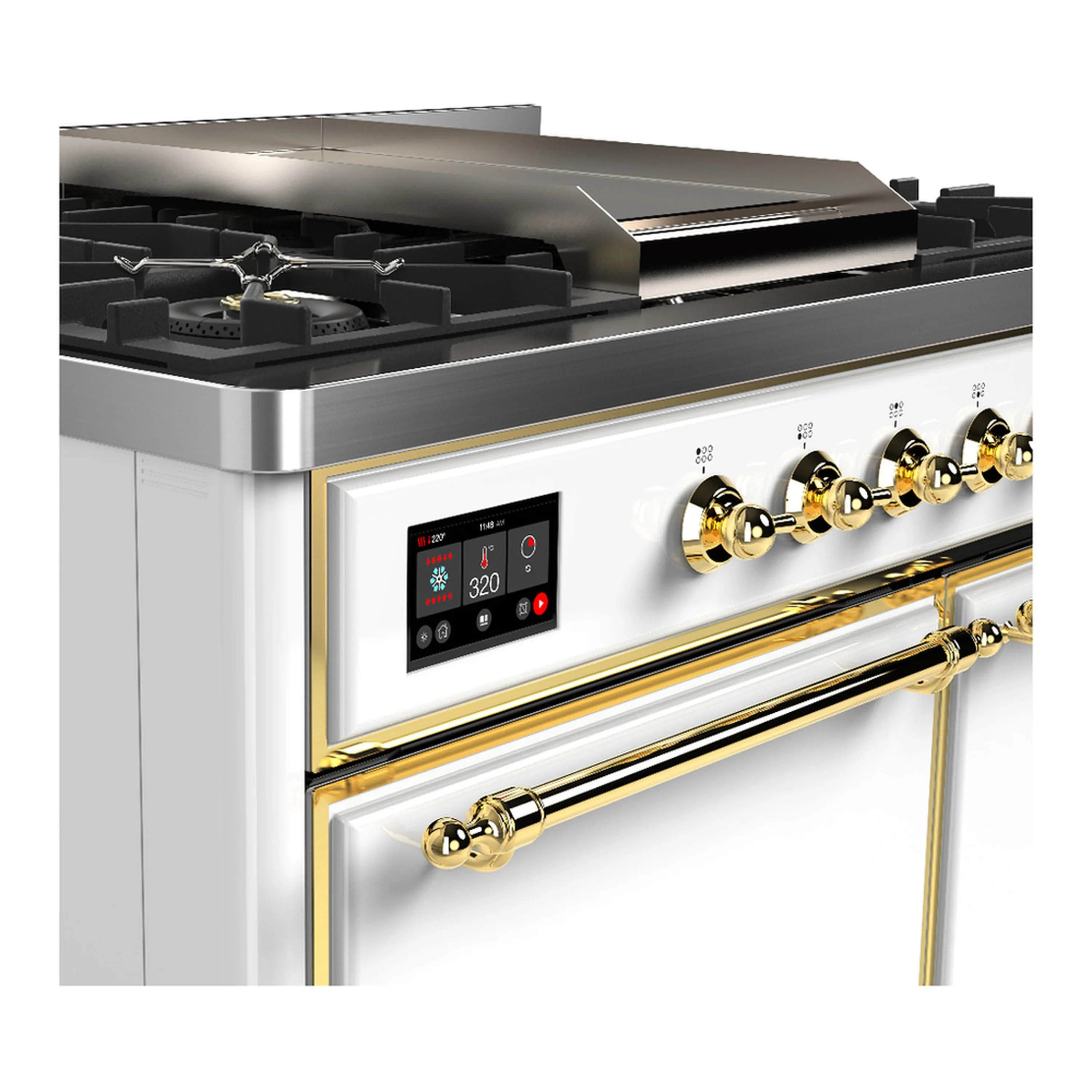 ILVE Majestic III 40-inch Dual Fuel Range with 6 Natural Gas Burner, Griddle and Solid Door Electric Oven in White with Brass Trim (UMD40FQNR3WHG) - Image 7