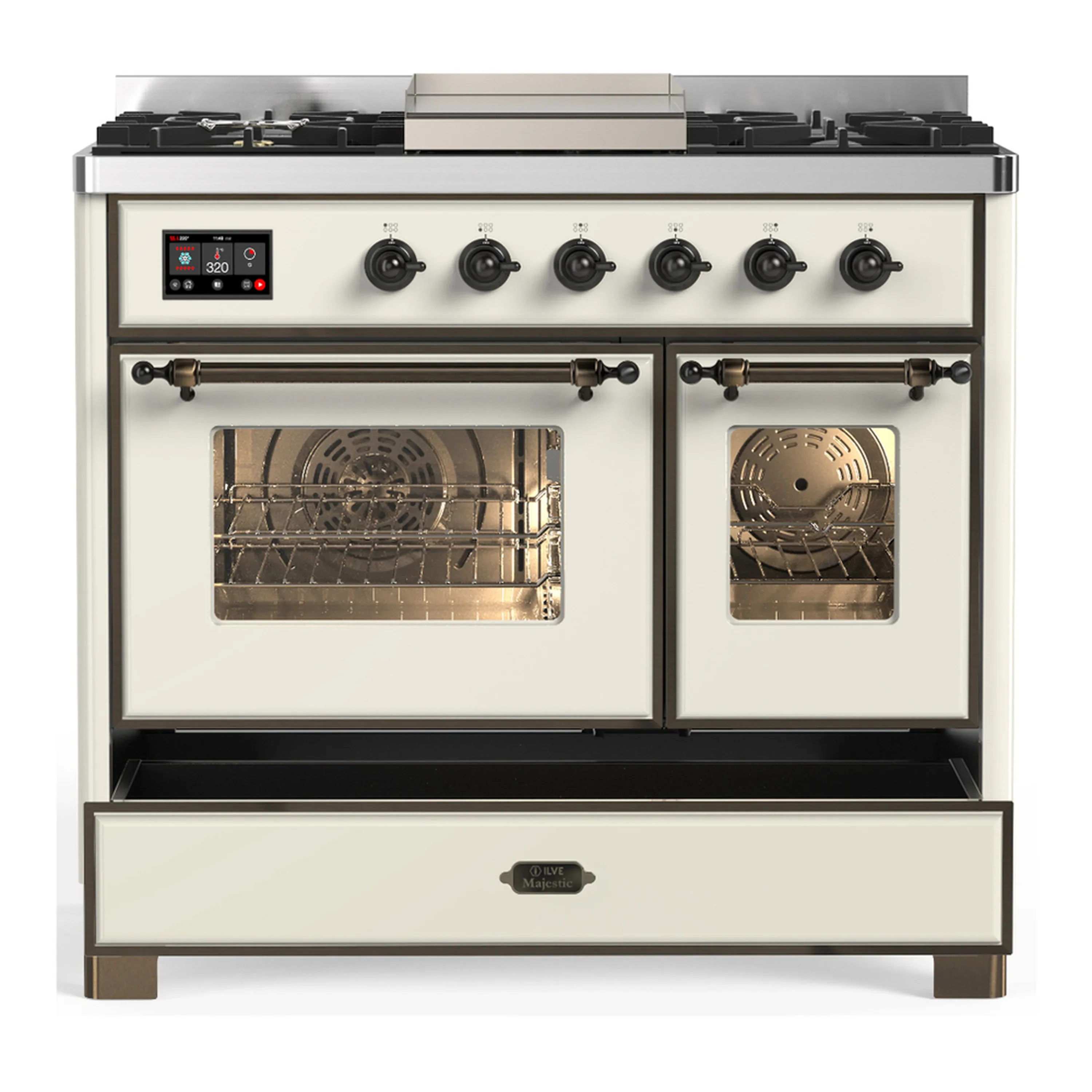 ILVE Majestic III 40-inch Dual Fuel Range with 5 Liquid Propane Burner, Griddle and Triple Glass Door Electric Oven in Antique White with Burnished Trim (UMD40FNR3AWBLP) - Image 3