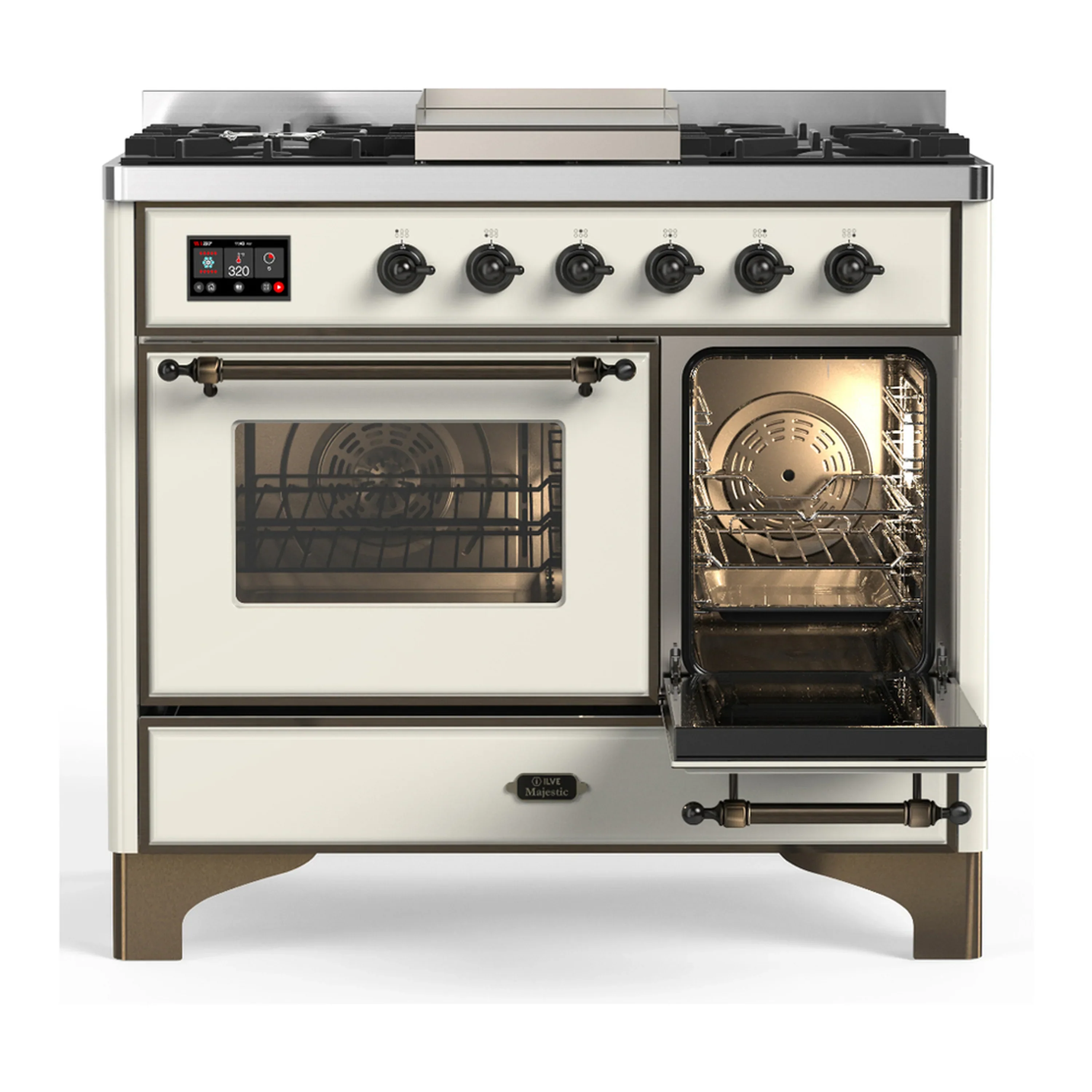 ILVE Majestic III 40-inch Dual Fuel Range with 5 Liquid Propane Burner, Griddle and Triple Glass Door Electric Oven in Antique White with Burnished Trim (UMD40FNR3AWBLP) - Image 4