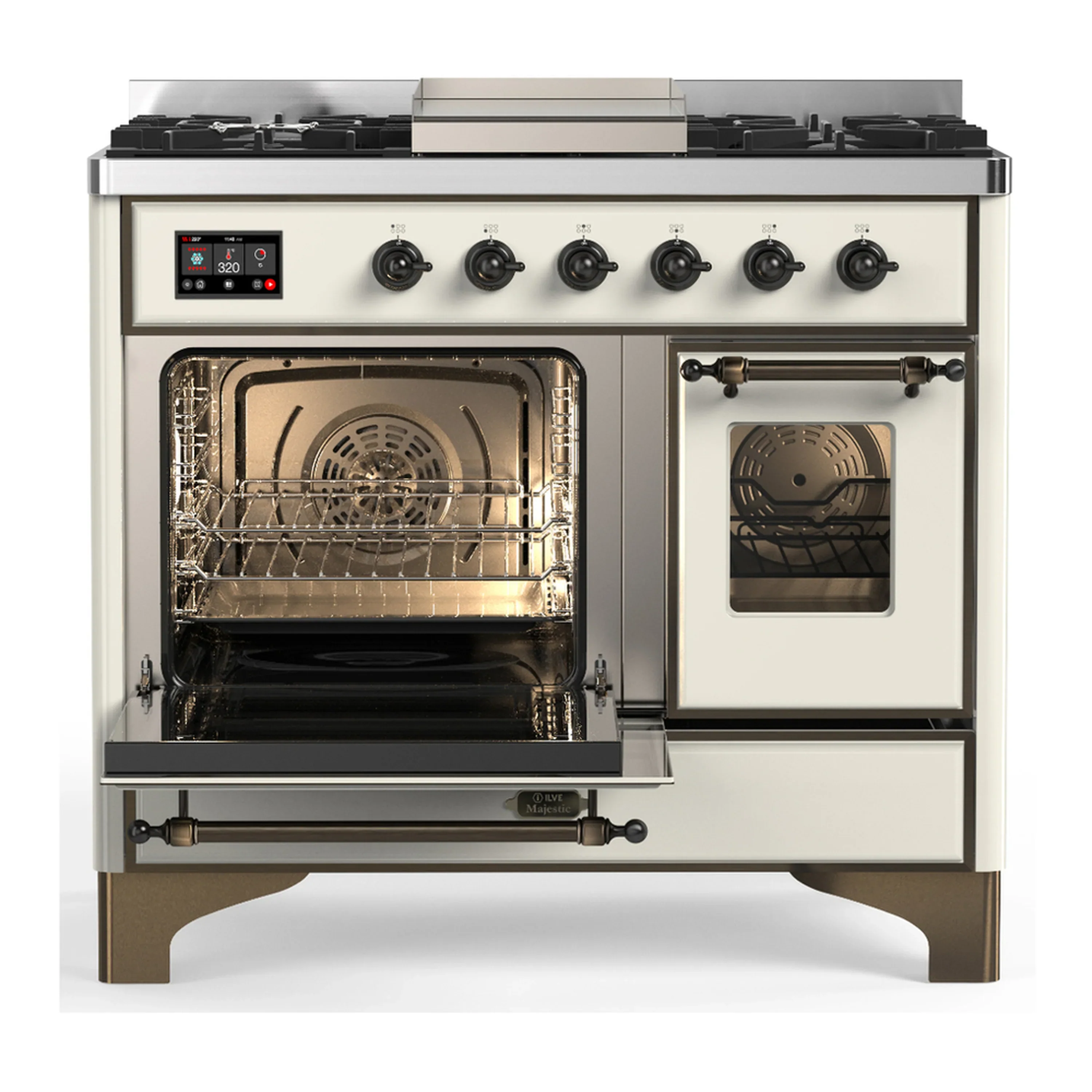 ILVE Majestic III 40-inch Dual Fuel Range with 5 Liquid Propane Burner, Griddle and Triple Glass Door Electric Oven in Antique White with Burnished Trim (UMD40FNR3AWBLP) - Image 5