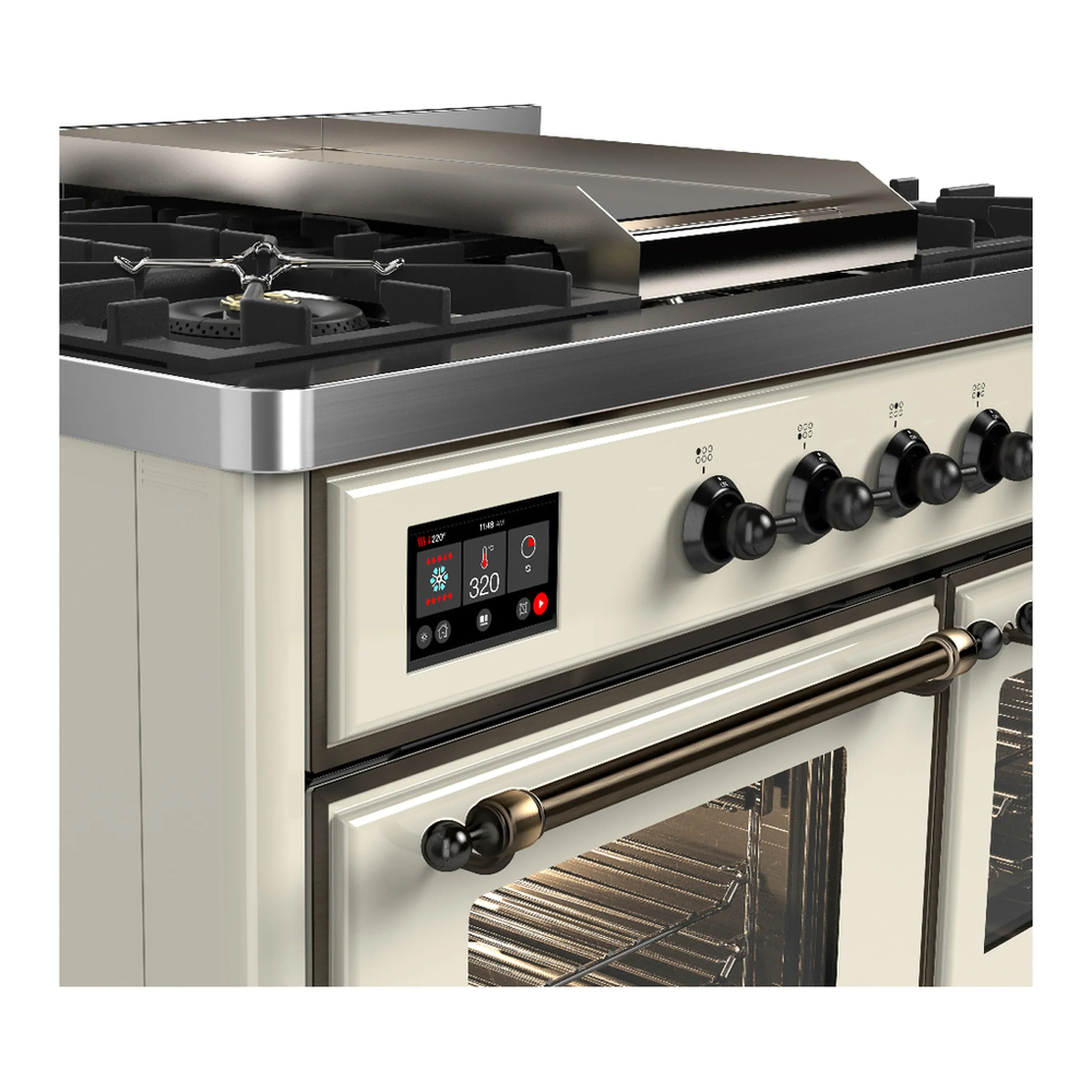 ILVE Majestic III 40-inch Dual Fuel Range with 5 Liquid Propane Burner, Griddle and Triple Glass Door Electric Oven in Antique White with Burnished Trim (UMD40FNR3AWBLP) - Image 6