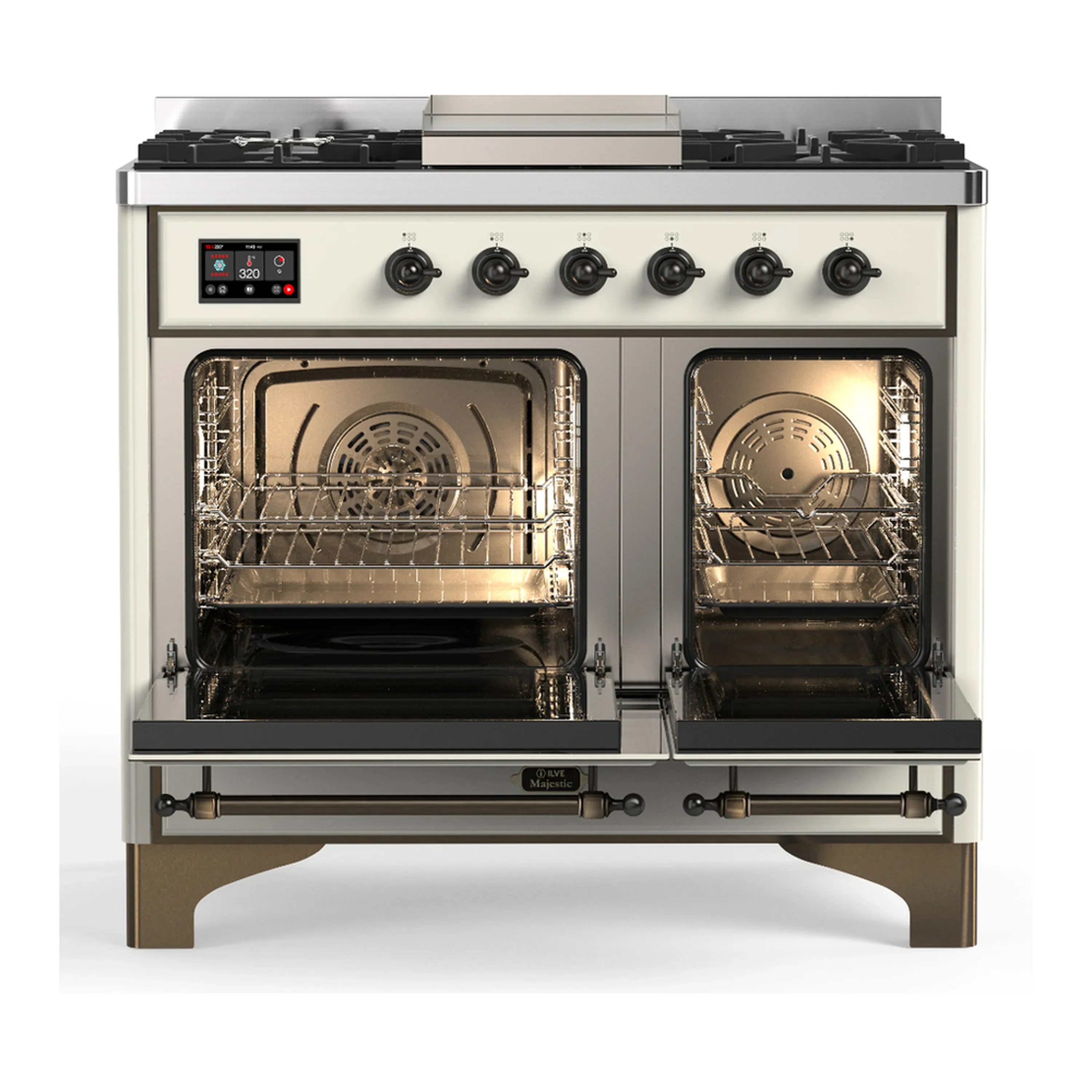 ILVE Majestic III 40-inch Dual Fuel Range with 5 Liquid Propane Burner, Griddle and Triple Glass Door Electric Oven in Antique White with Burnished Trim (UMD40FNR3AWBLP) - Image 7
