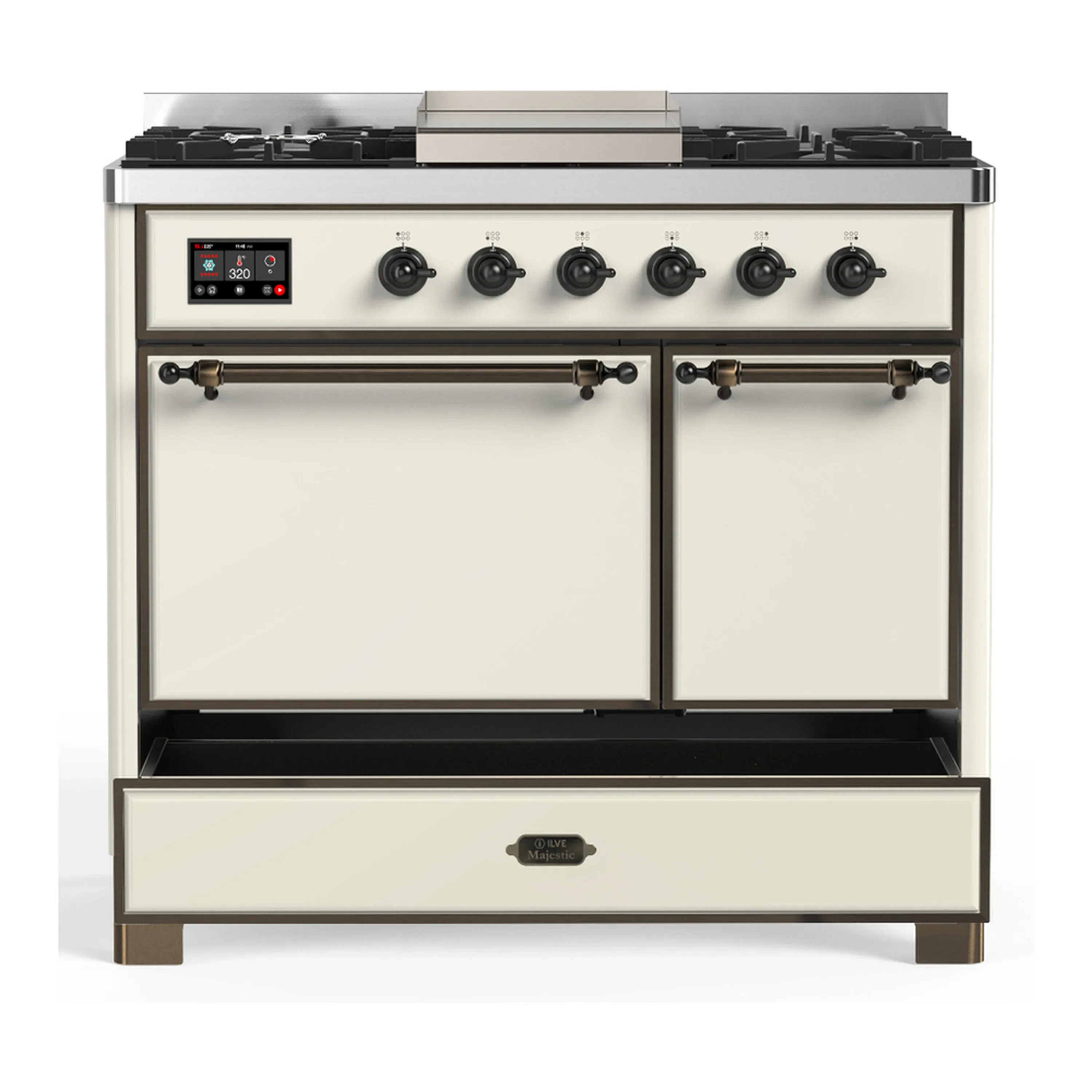 ILVE Majestic III 40-inch Dual Fuel Range with 6 Natural Gas Burner, Griddle and Solid Door Electric Oven in Antique White with Burnished Trim (UMD40FQNR3AWB) - Image 3