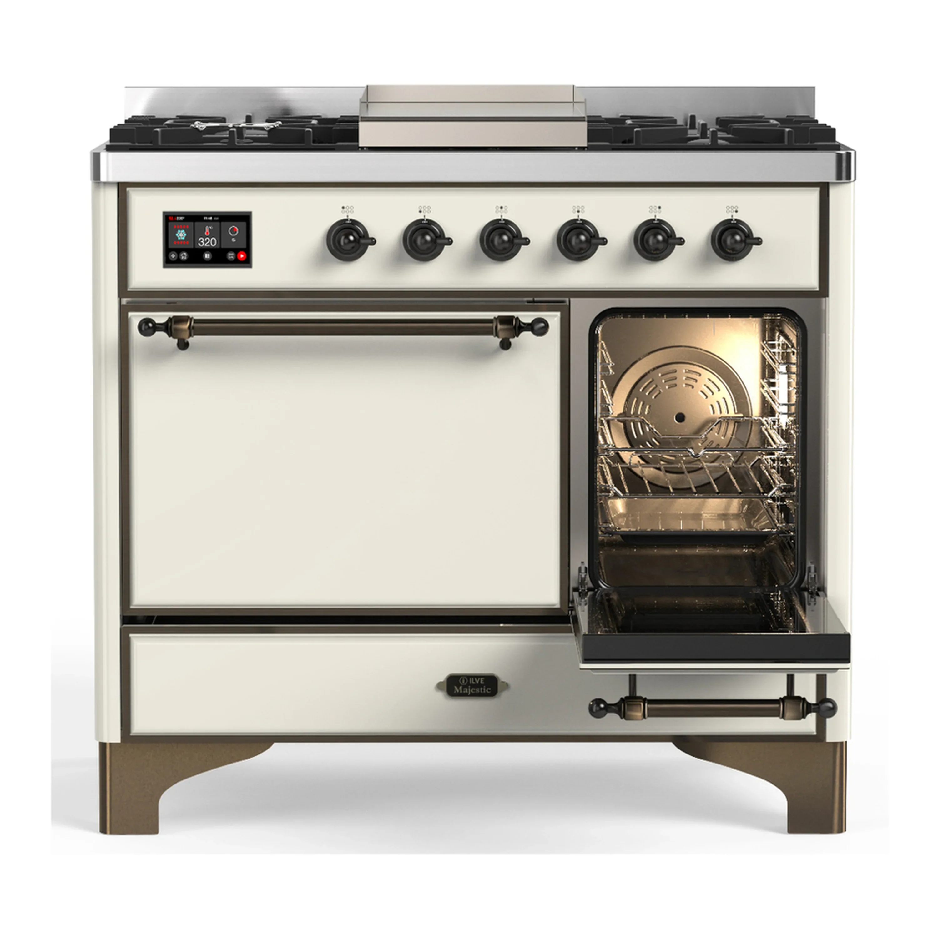 ILVE Majestic III 40-inch Dual Fuel Range with 6 Natural Gas Burner, Griddle and Solid Door Electric Oven in Antique White with Burnished Trim (UMD40FQNR3AWB) - Image 4