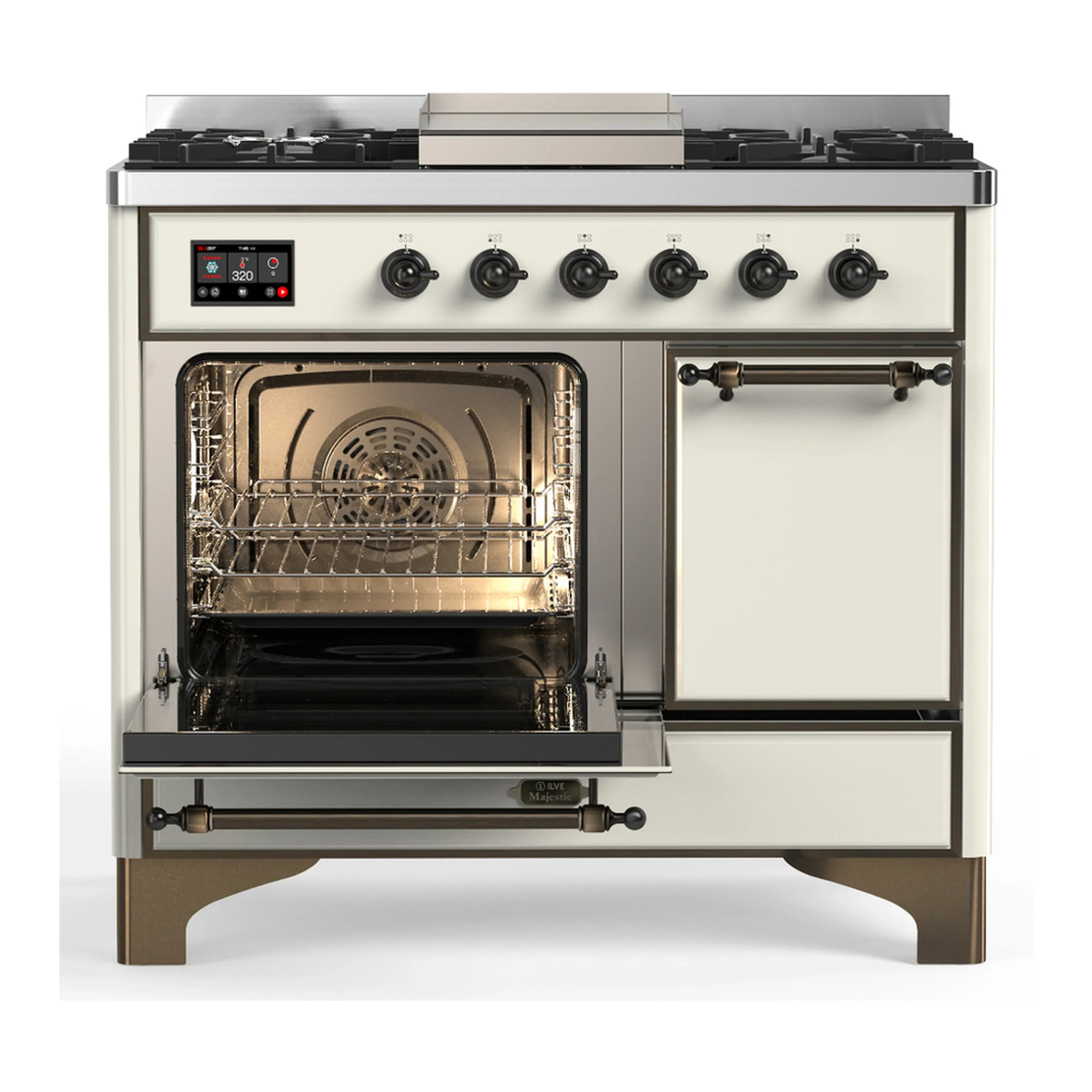 ILVE Majestic III 40-inch Dual Fuel Range with 6 Natural Gas Burner, Griddle and Solid Door Electric Oven in Antique White with Burnished Trim (UMD40FQNR3AWB) - Image 5