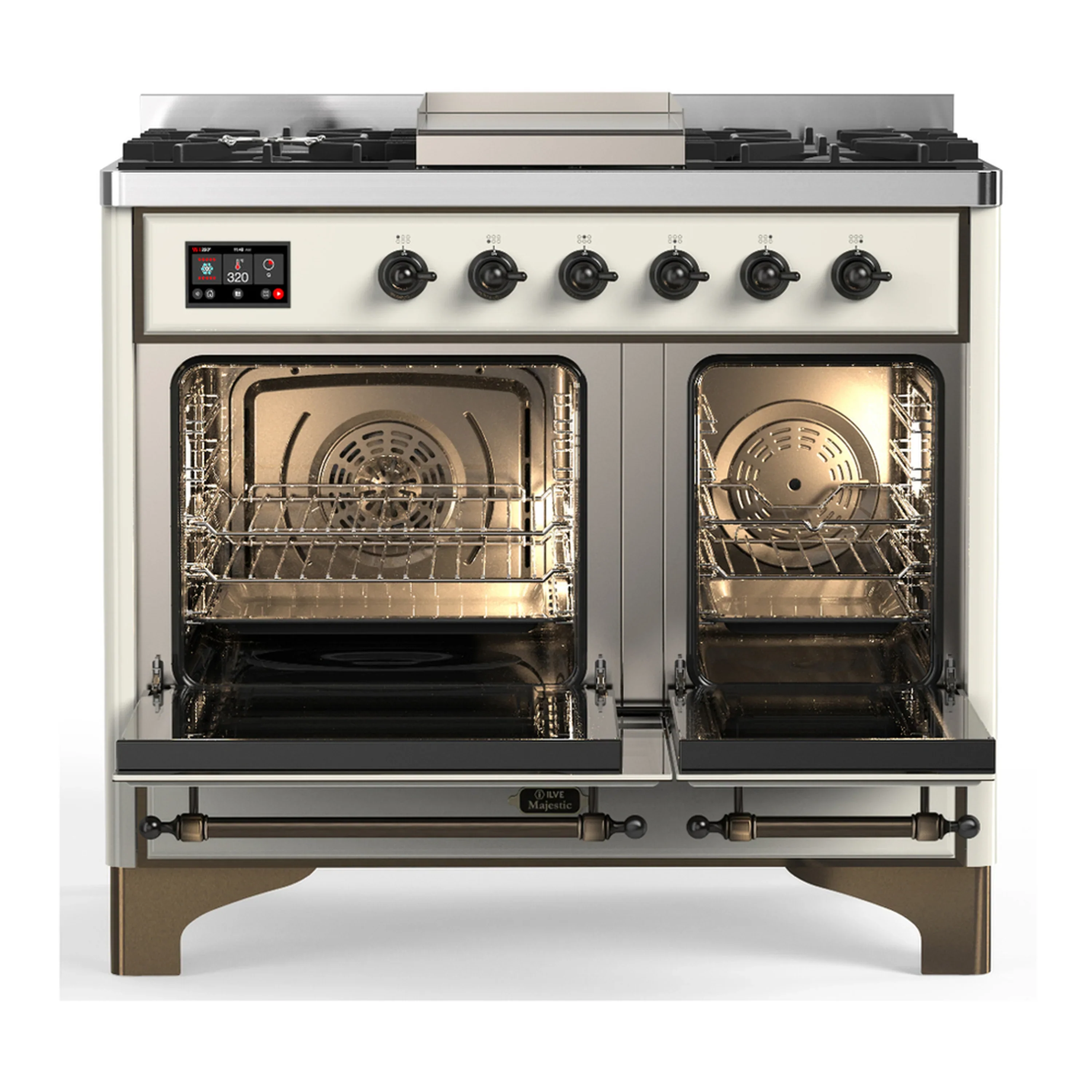 ILVE Majestic III 40-inch Dual Fuel Range with 6 Natural Gas Burner, Griddle and Solid Door Electric Oven in Antique White with Burnished Trim (UMD40FQNR3AWB) - Image 6