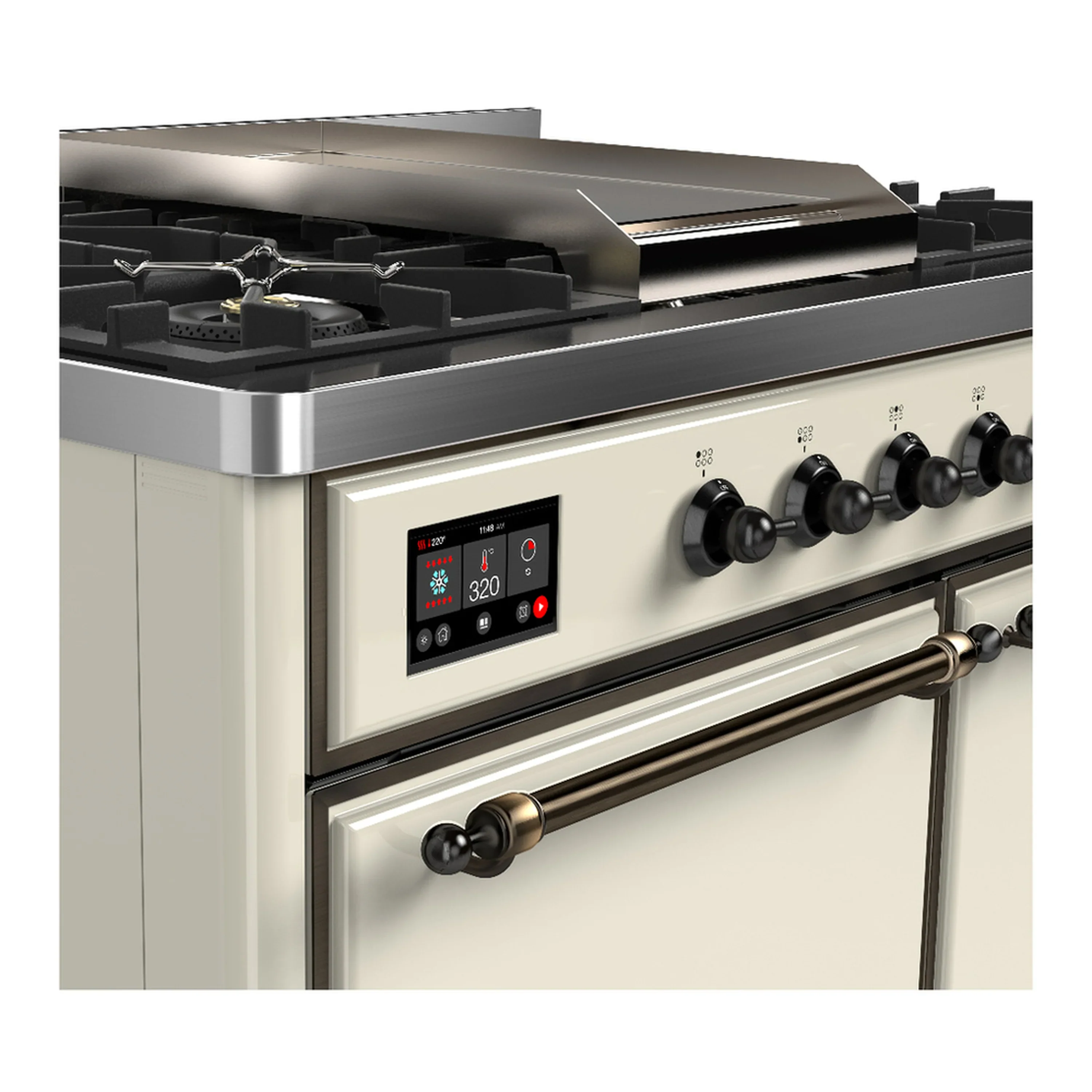 ILVE Majestic III 40-inch Dual Fuel Range with 6 Natural Gas Burner, Griddle and Solid Door Electric Oven in Antique White with Burnished Trim (UMD40FQNR3AWB) - Image 7