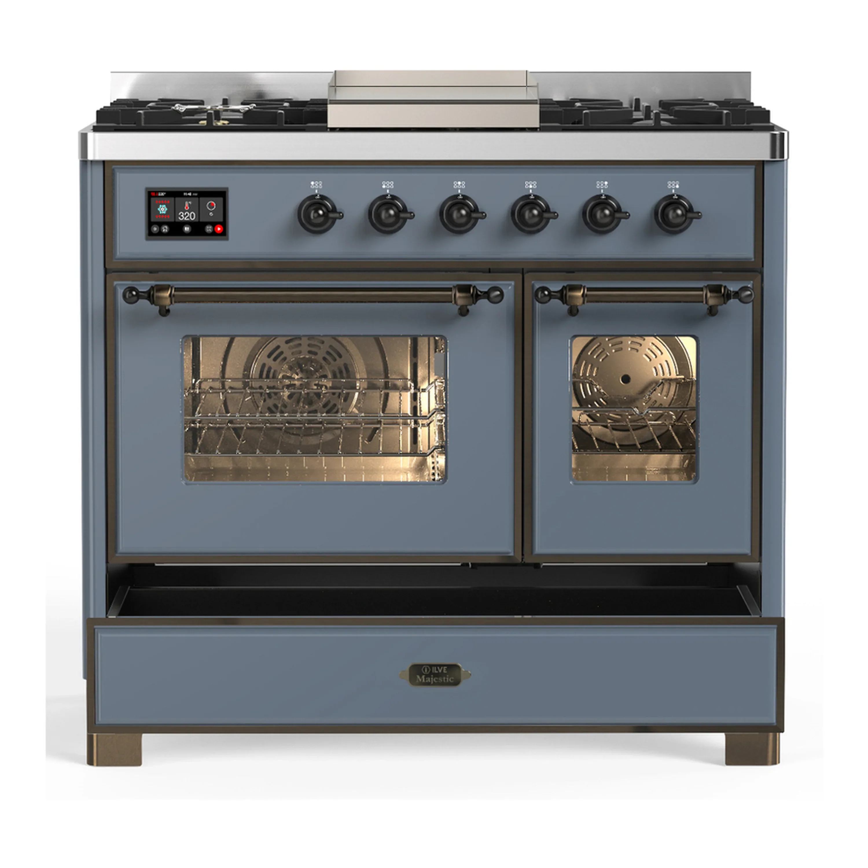 ILVE Majestic III 40-inch Dual Fuel Range with 6 Natural Gas Burner, Griddle and Triple Glass Door Electric Oven in Blue Grey with Burnished Trim (UMD40FNR3BGB) - Image 3