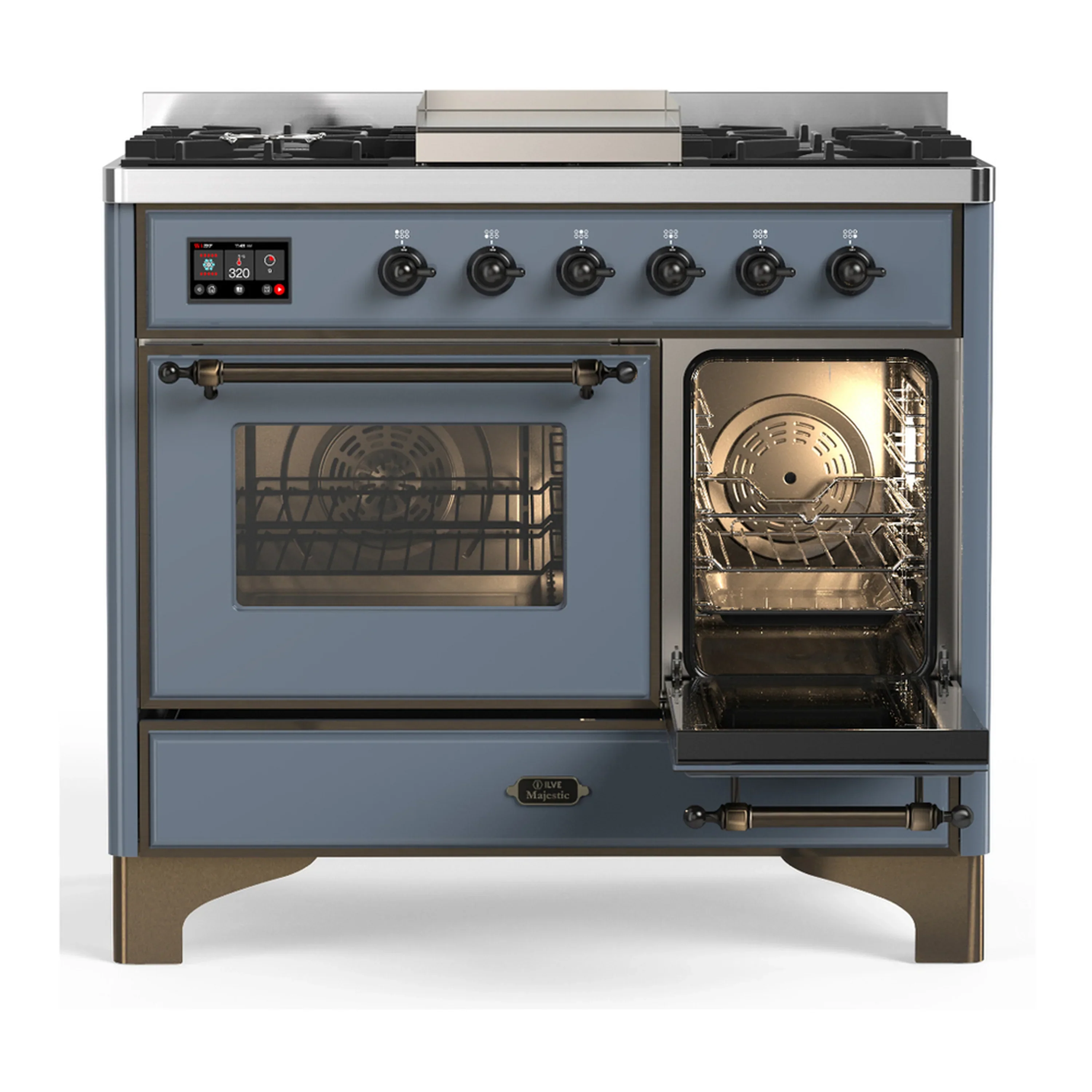 ILVE Majestic III 40-inch Dual Fuel Range with 6 Natural Gas Burner, Griddle and Triple Glass Door Electric Oven in Blue Grey with Burnished Trim (UMD40FNR3BGB) - Image 4
