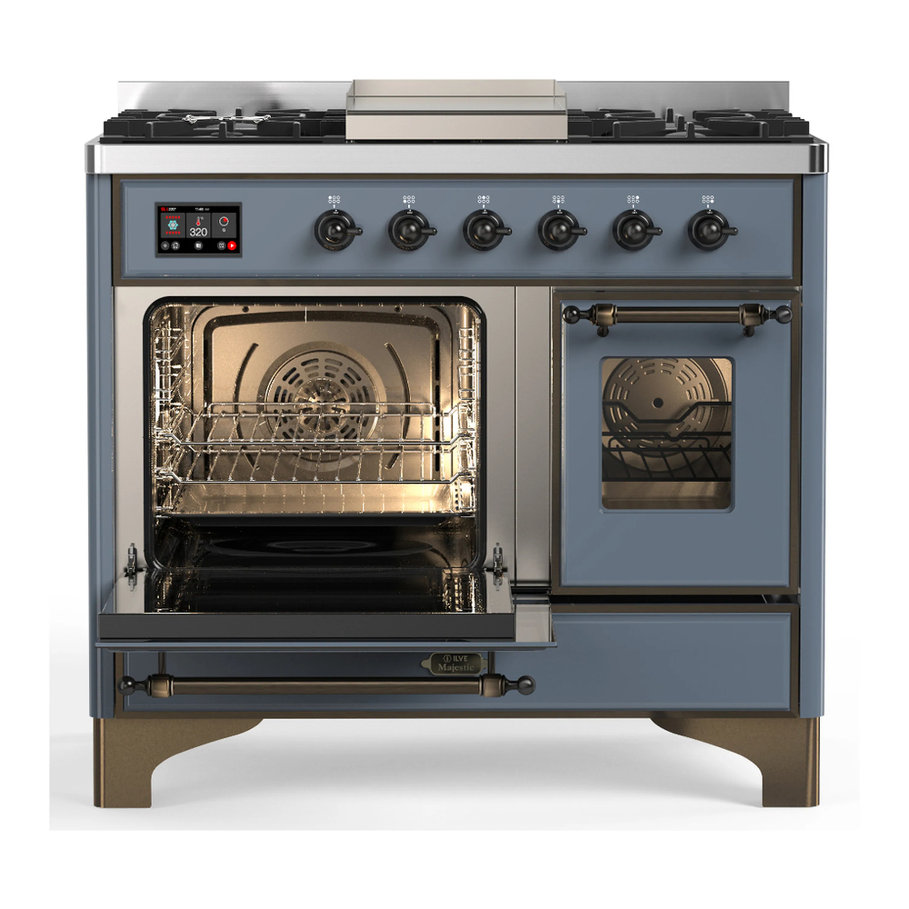ILVE Majestic III 40-inch Dual Fuel Range with 6 Natural Gas Burner, Griddle and Triple Glass Door Electric Oven in Blue Grey with Burnished Trim (UMD40FNR3BGB) - Image 5