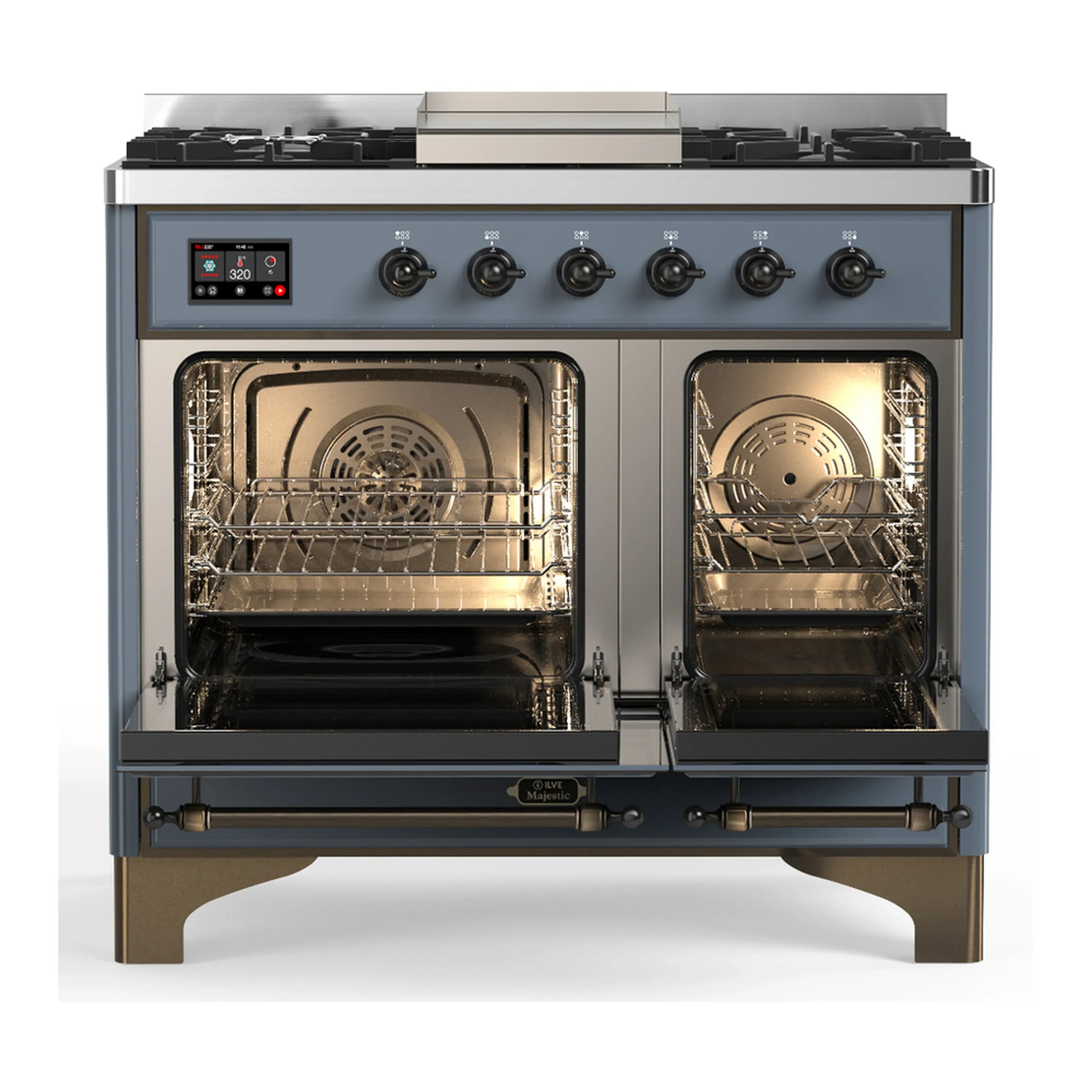ILVE Majestic III 40-inch Dual Fuel Range with 6 Natural Gas Burner, Griddle and Triple Glass Door Electric Oven in Blue Grey with Burnished Trim (UMD40FNR3BGB) - Image 6