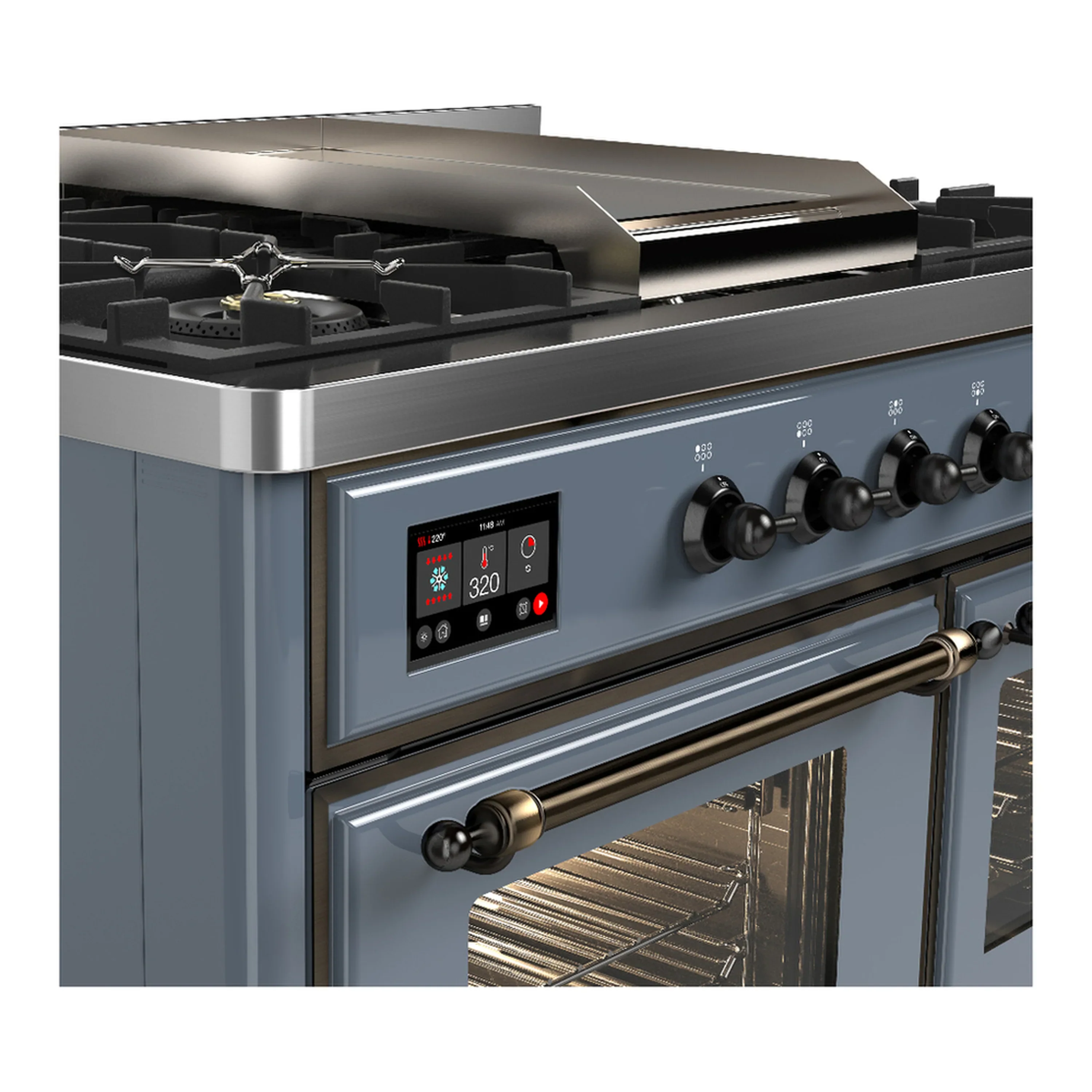 ILVE Majestic III 40-inch Dual Fuel Range with 6 Natural Gas Burner, Griddle and Triple Glass Door Electric Oven in Blue Grey with Burnished Trim (UMD40FNR3BGB) - Image 7