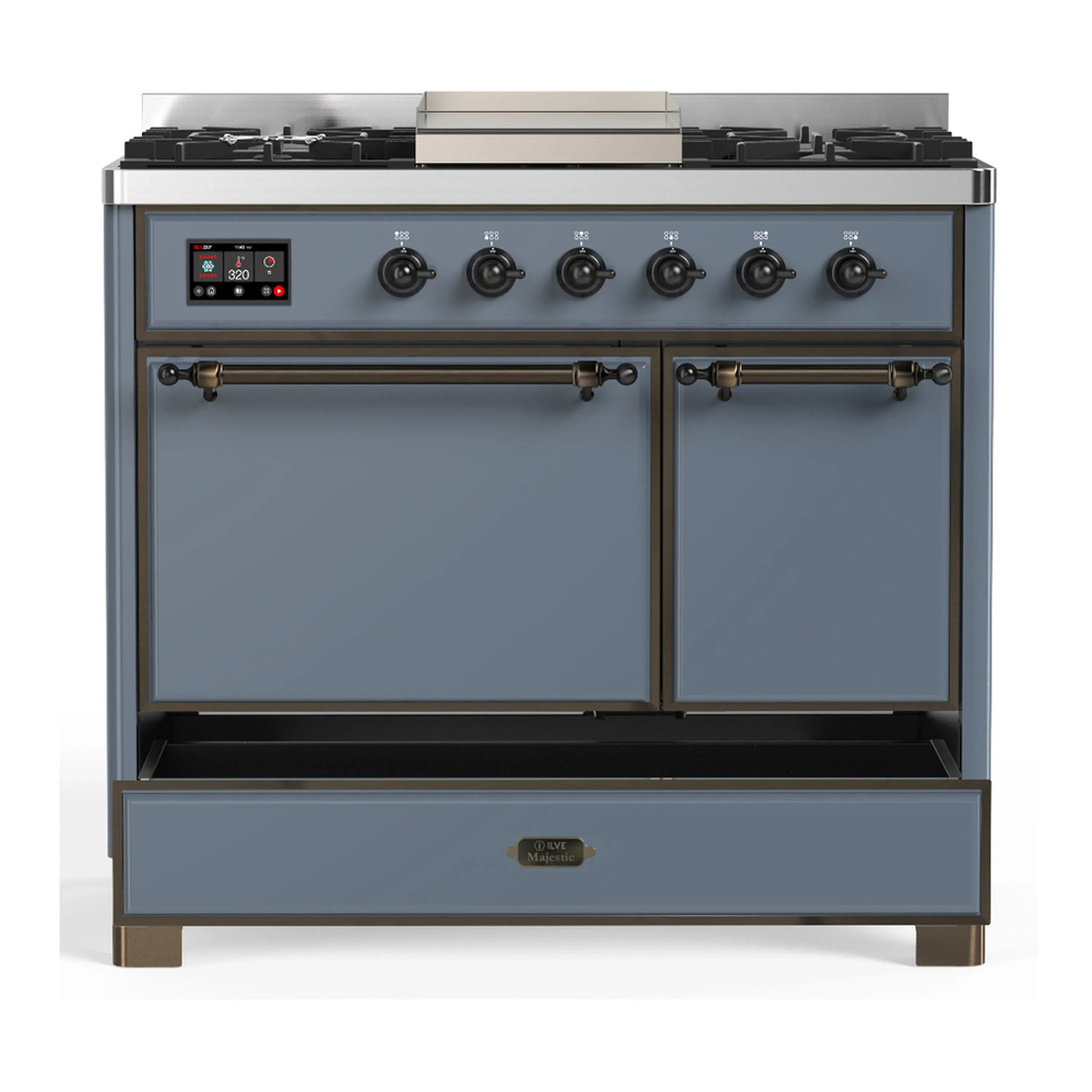 ILVE Majestic III 40-inch Dual Fuel Range with 5 Liquid Propane Burner, Griddle and Solid Door Electric Oven in Blue Grey with Burnished Trim (UMD40FQNR3BGBLP) - Image 3