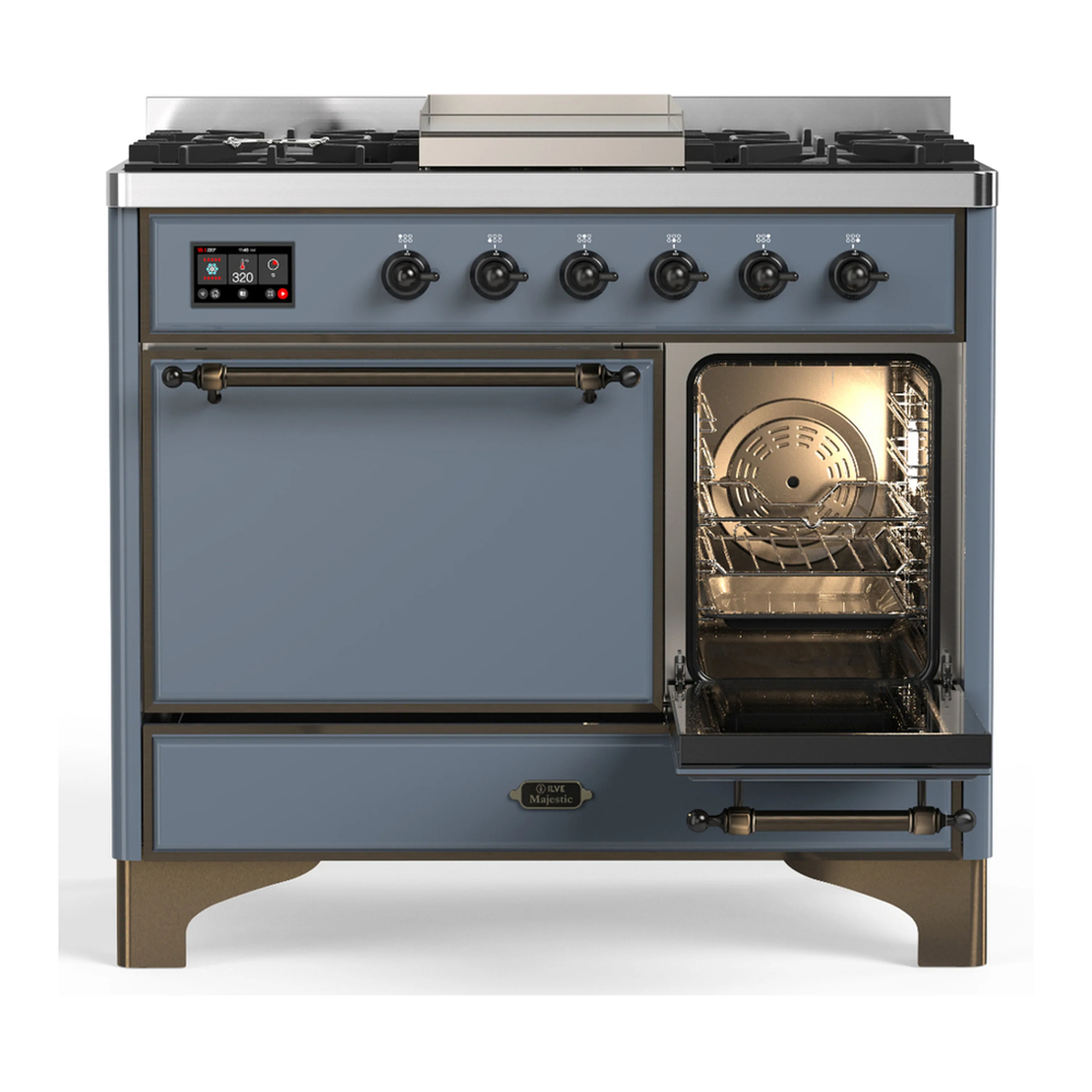 ILVE Majestic III 40-inch Dual Fuel Range with 5 Liquid Propane Burner, Griddle and Solid Door Electric Oven in Blue Grey with Burnished Trim (UMD40FQNR3BGBLP) - Image 4