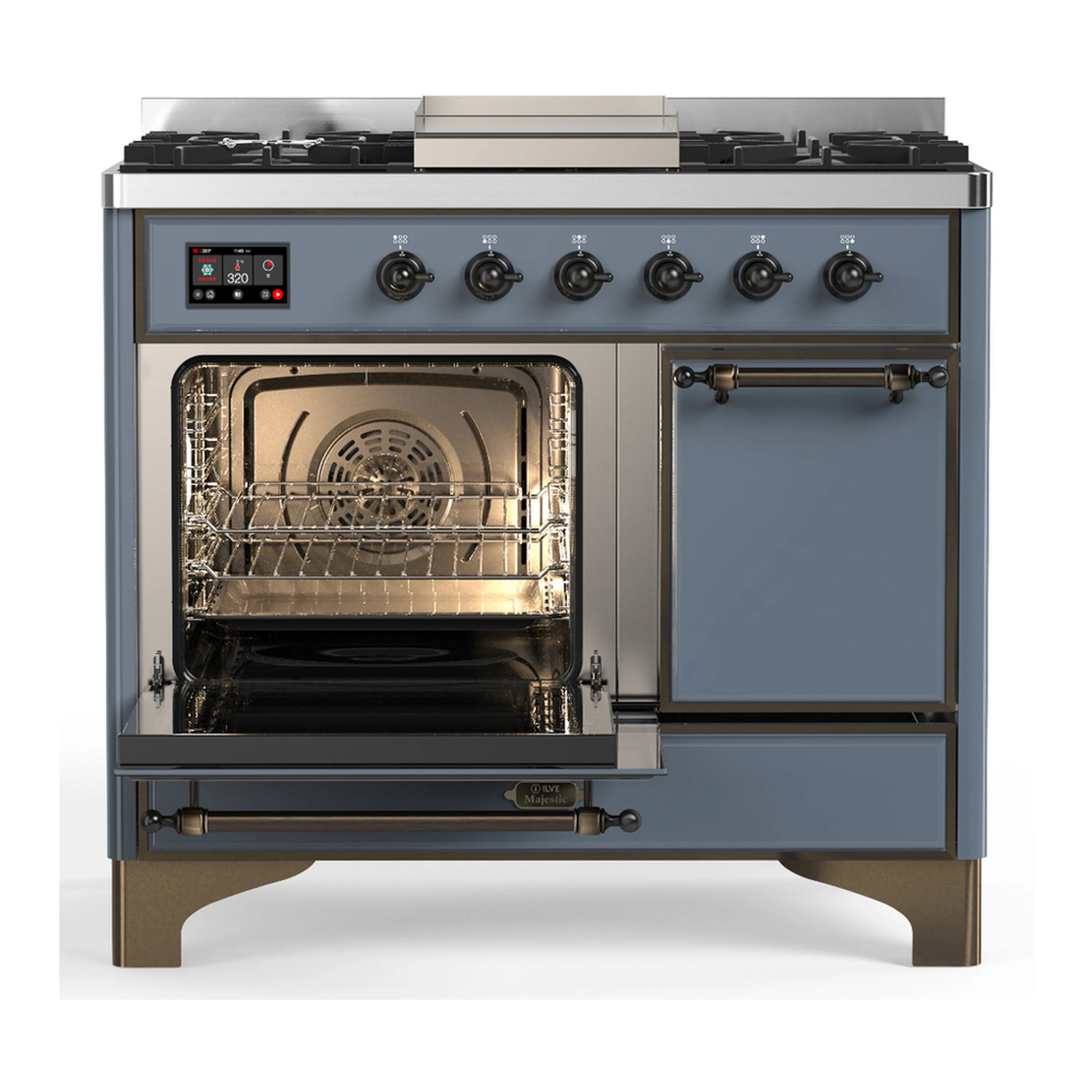 ILVE Majestic III 40-inch Dual Fuel Range with 5 Liquid Propane Burner, Griddle and Solid Door Electric Oven in Blue Grey with Burnished Trim (UMD40FQNR3BGBLP) - Image 5