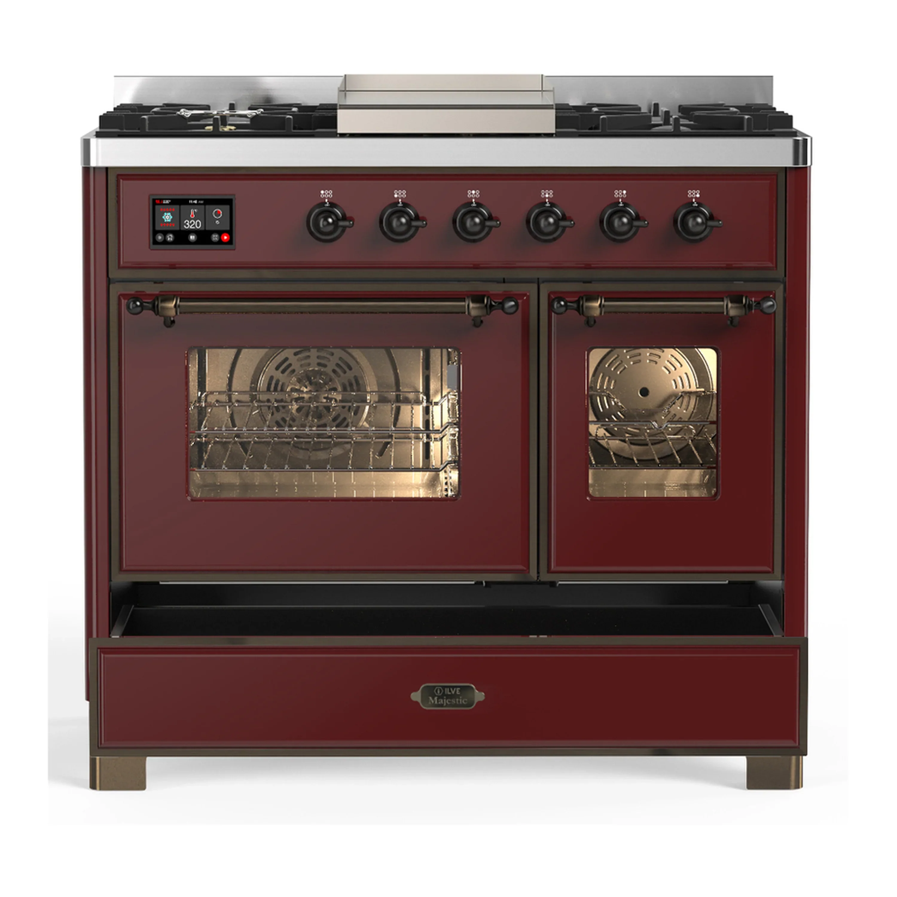 ILVE Majestic III 40-inch Dual Fuel Range with 5 Liquid Propane Burner, Griddle and Triple Glass Door Electric Oven in Burgundy with Burnished Trim (UMD40FNR3BUBLP) - Image 3