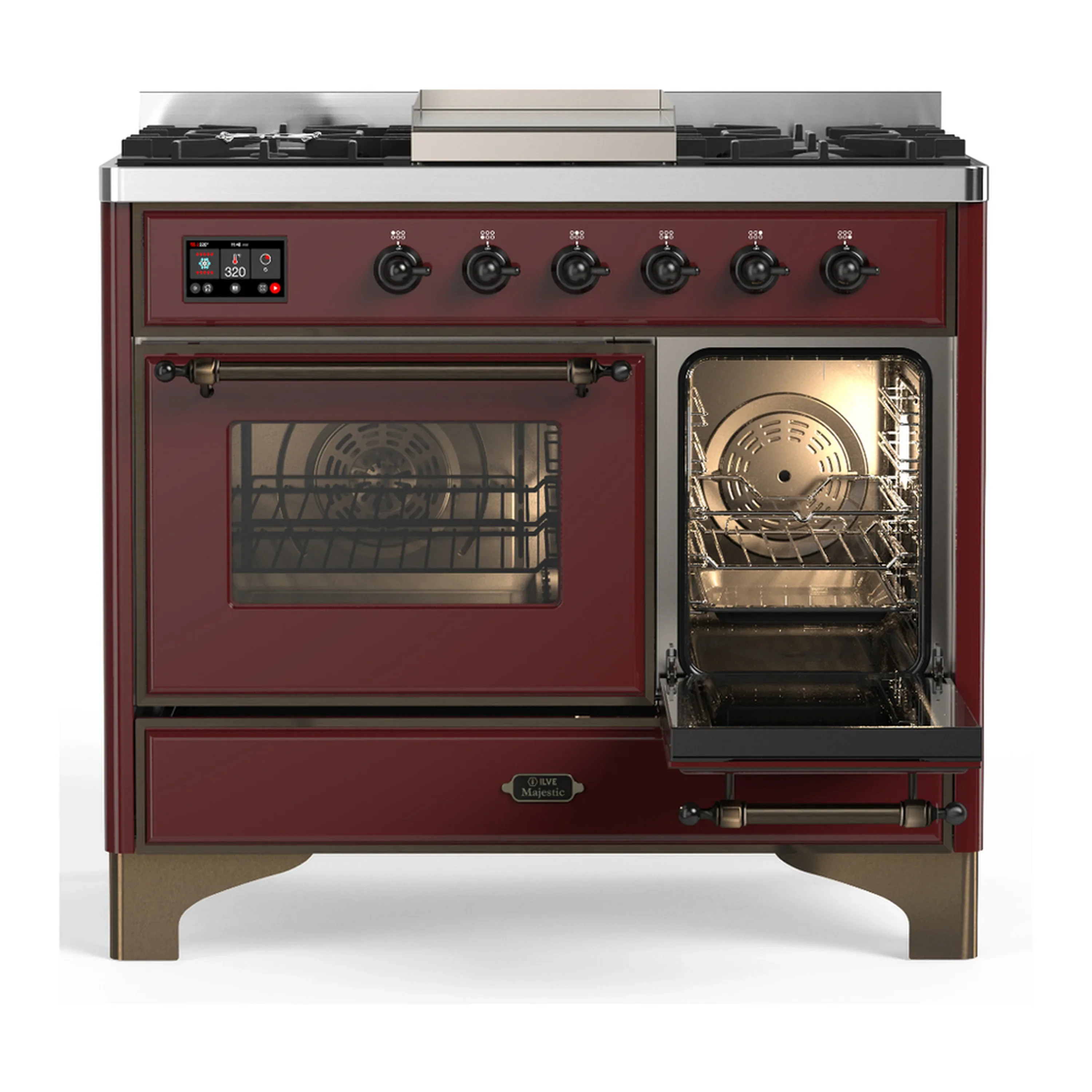 ILVE Majestic III 40-inch Dual Fuel Range with 5 Liquid Propane Burner, Griddle and Triple Glass Door Electric Oven in Burgundy with Burnished Trim (UMD40FNR3BUBLP) - Image 4