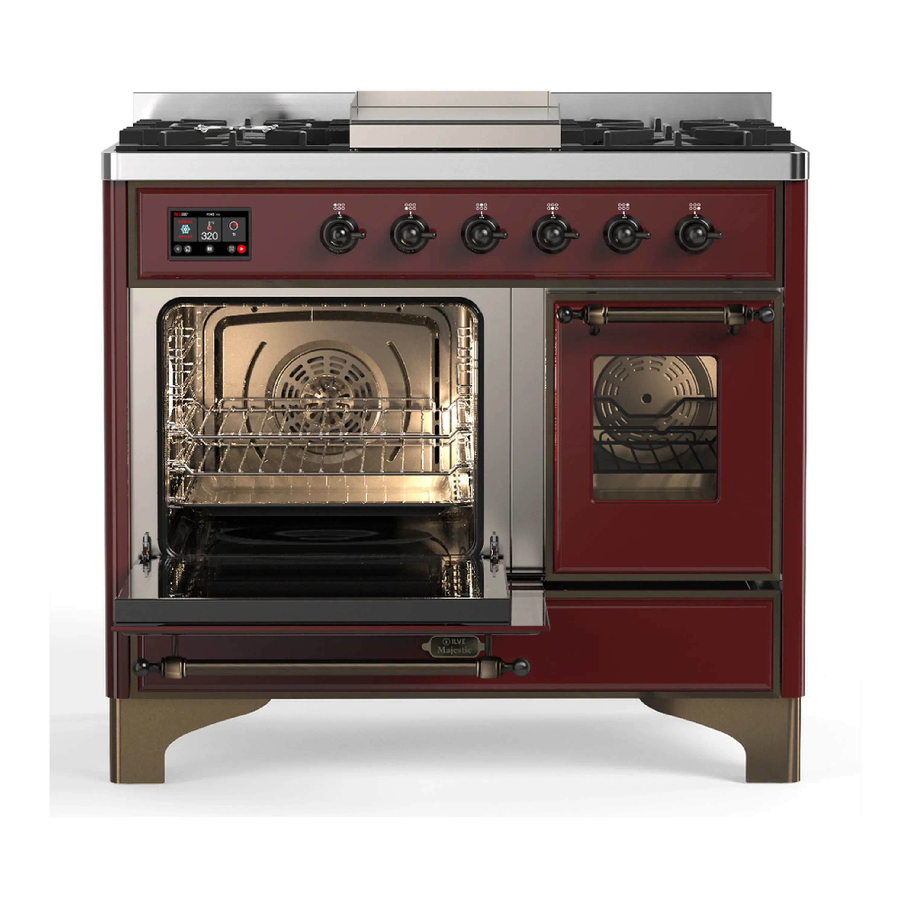 ILVE Majestic III 40-inch Dual Fuel Range with 5 Liquid Propane Burner, Griddle and Triple Glass Door Electric Oven in Burgundy with Burnished Trim (UMD40FNR3BUBLP) - Image 5