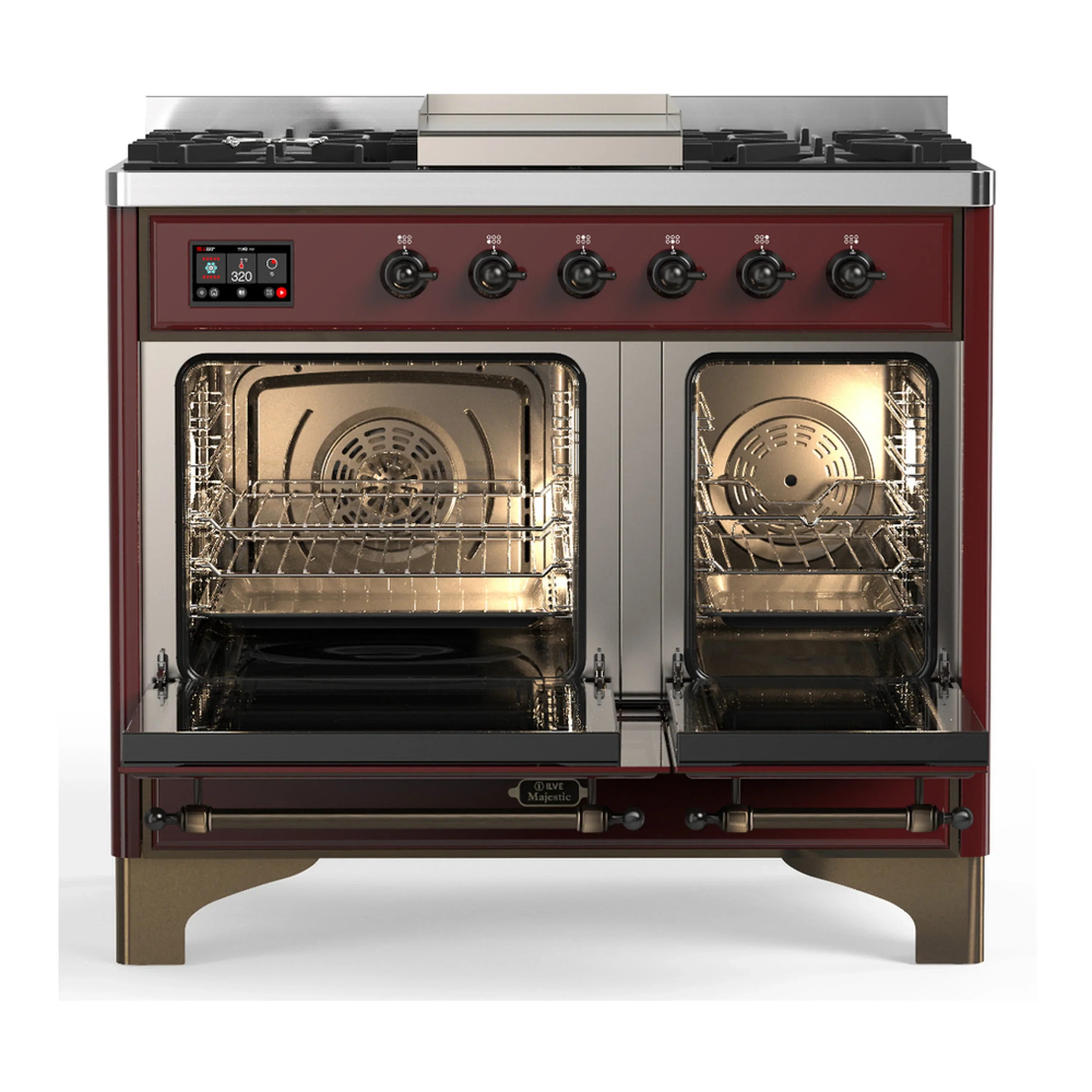 ILVE Majestic III 40-inch Dual Fuel Range with 5 Liquid Propane Burner, Griddle and Triple Glass Door Electric Oven in Burgundy with Burnished Trim (UMD40FNR3BUBLP) - Image 6