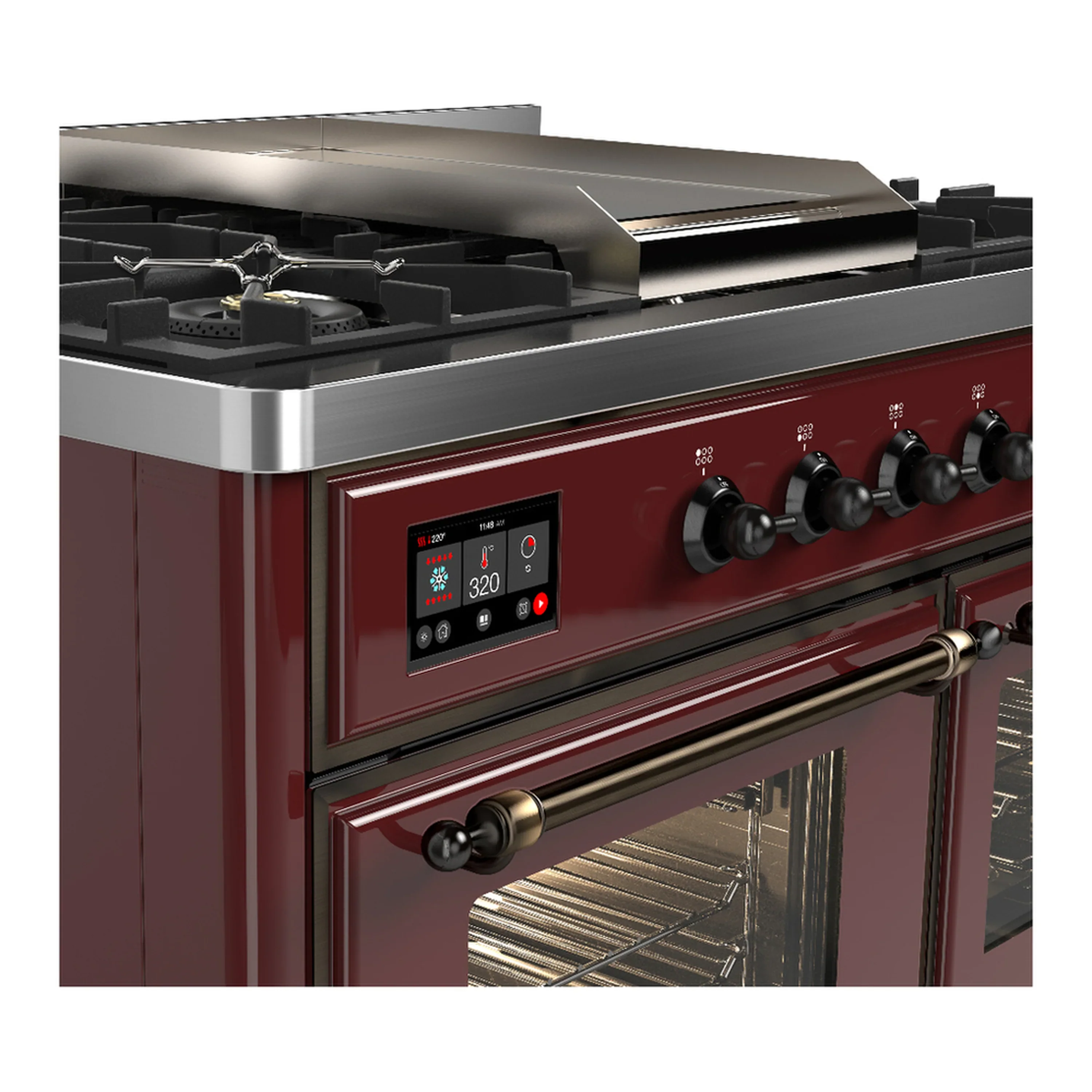 ILVE Majestic III 40-inch Dual Fuel Range with 5 Liquid Propane Burner, Griddle and Triple Glass Door Electric Oven in Burgundy with Burnished Trim (UMD40FNR3BUBLP) - Image 7