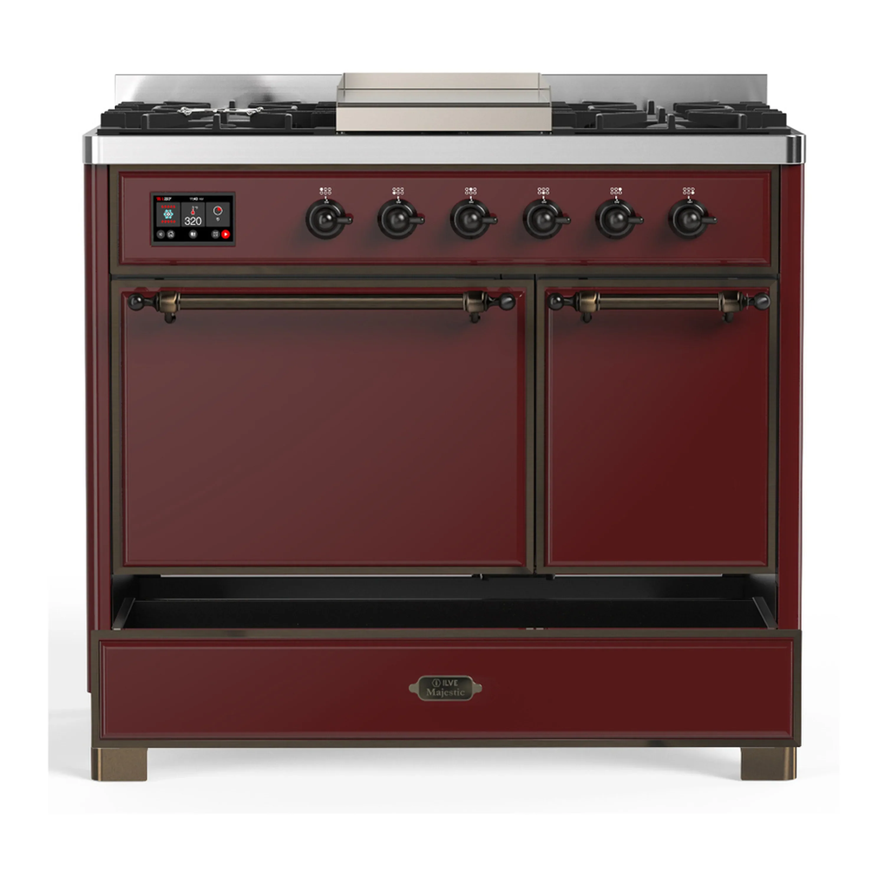 ILVE Majestic III 40-inch Dual Fuel Range with 6 Natural Gas Burner, Griddle and Solid Door Electric Oven in Burgundy with Burnished Trim (UMD40FQNR3BUB) - Image 3