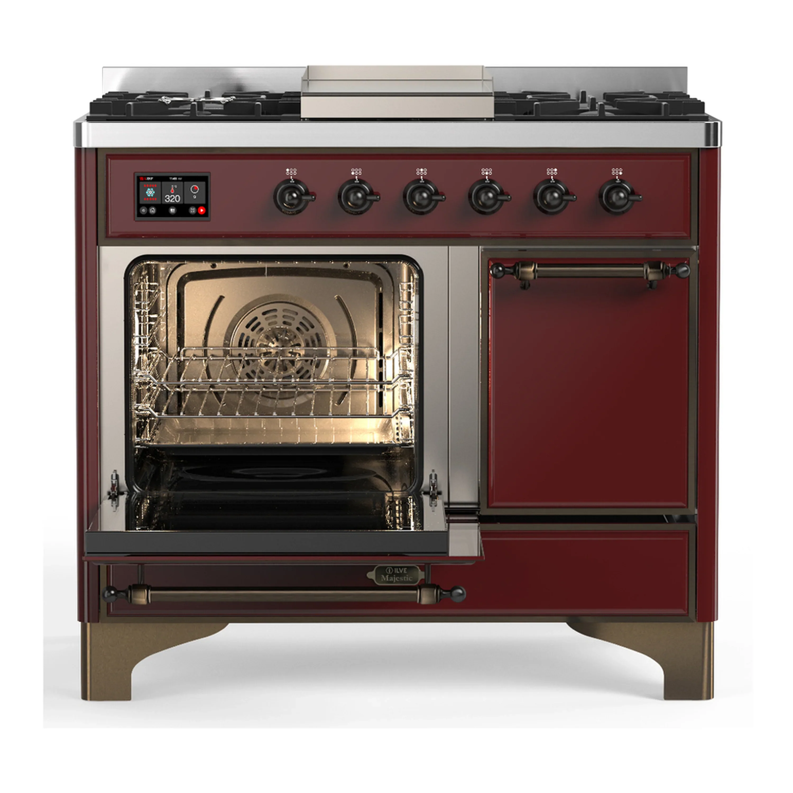 ILVE Majestic III 40-inch Dual Fuel Range with 6 Natural Gas Burner, Griddle and Solid Door Electric Oven in Burgundy with Burnished Trim (UMD40FQNR3BUB) - Image 5