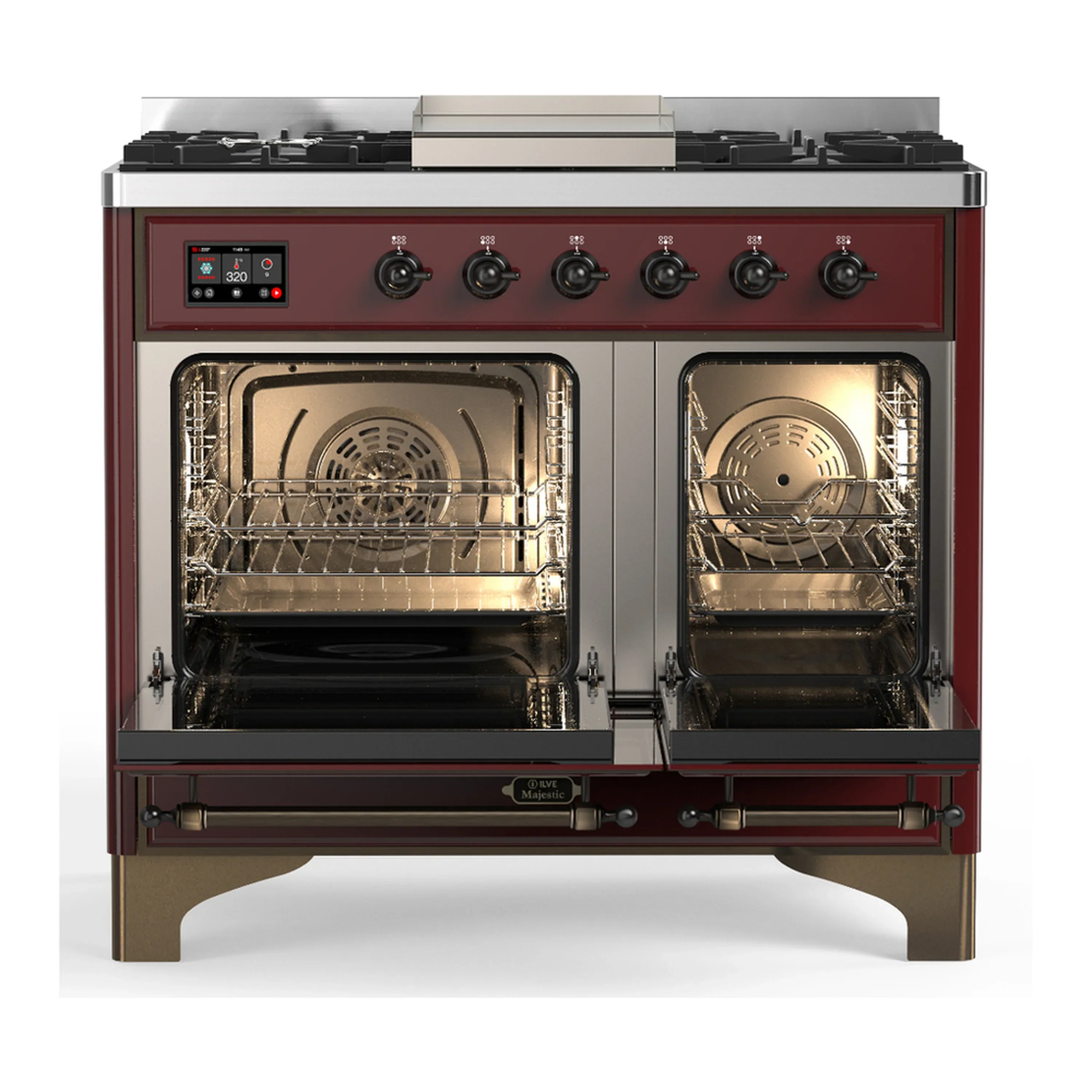 ILVE Majestic III 40-inch Dual Fuel Range with 6 Natural Gas Burner, Griddle and Solid Door Electric Oven in Burgundy with Burnished Trim (UMD40FQNR3BUB) - Image 6
